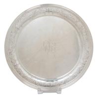 An American Silver Charger, Durgin, Circa 1920, having a reeded rim with floral and foliate etched border, central monogram.