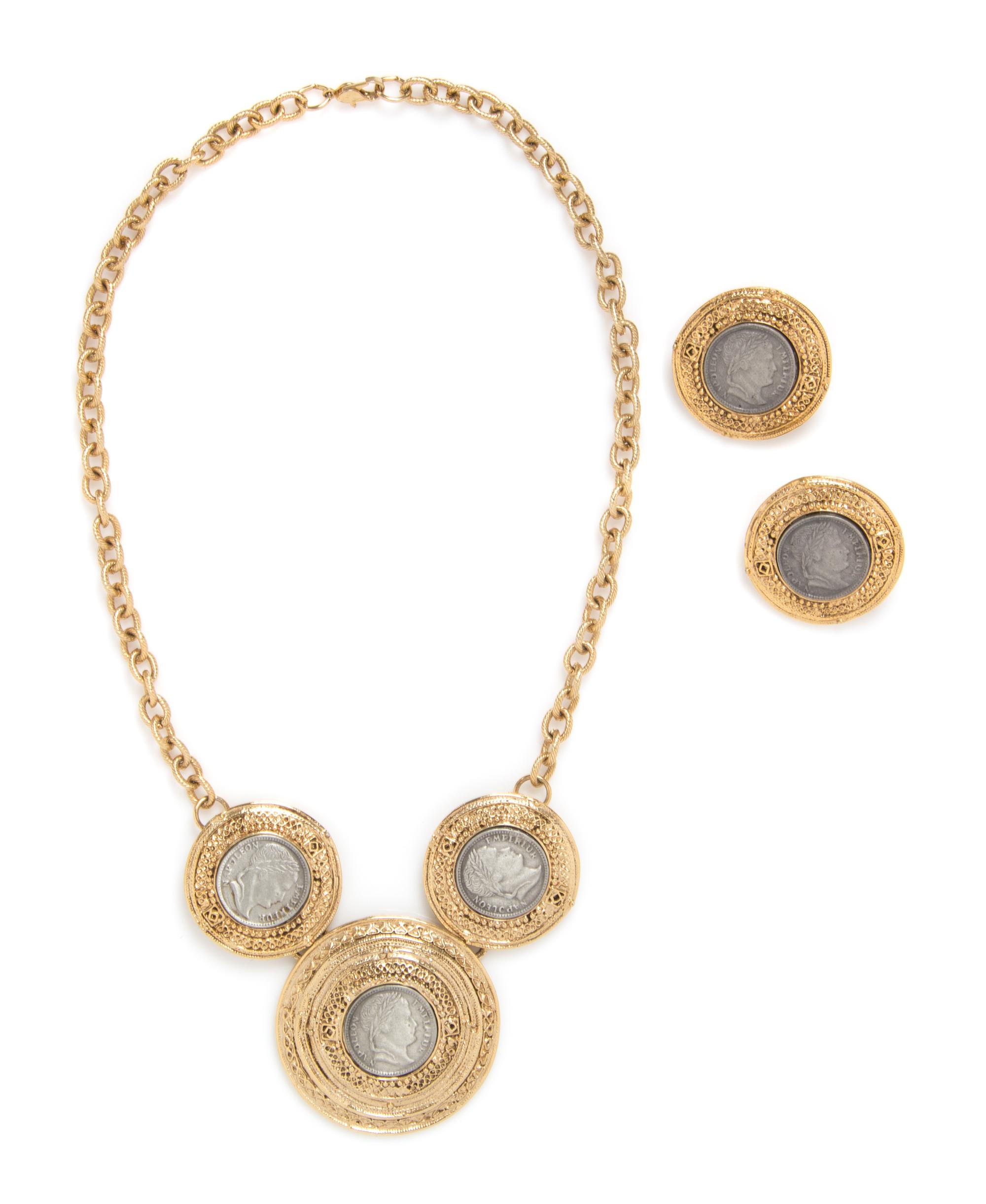 A Coin Necklace and Earclip Set,
