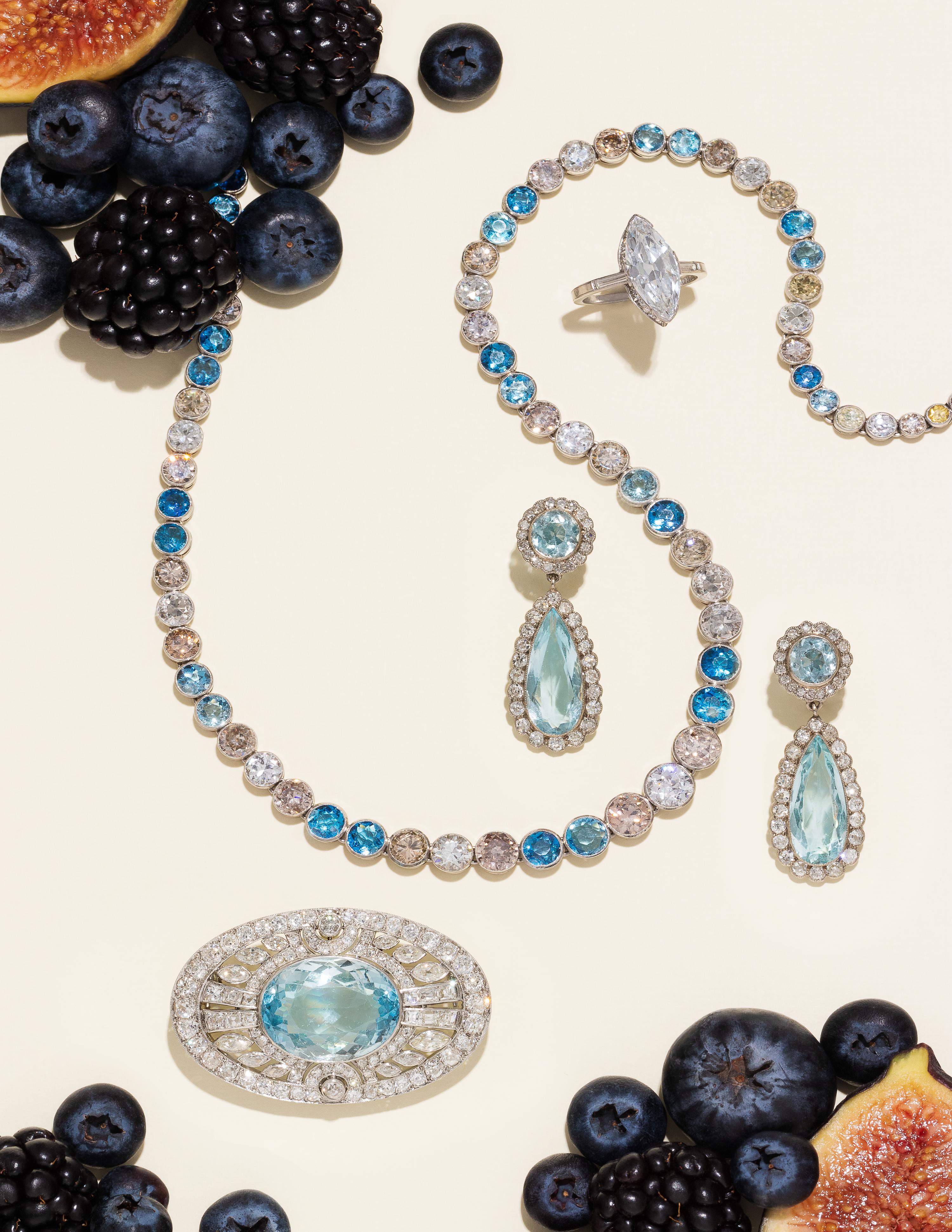 ANTIQUE, AQUAMARINE AND DIAMOND EARCLIPS