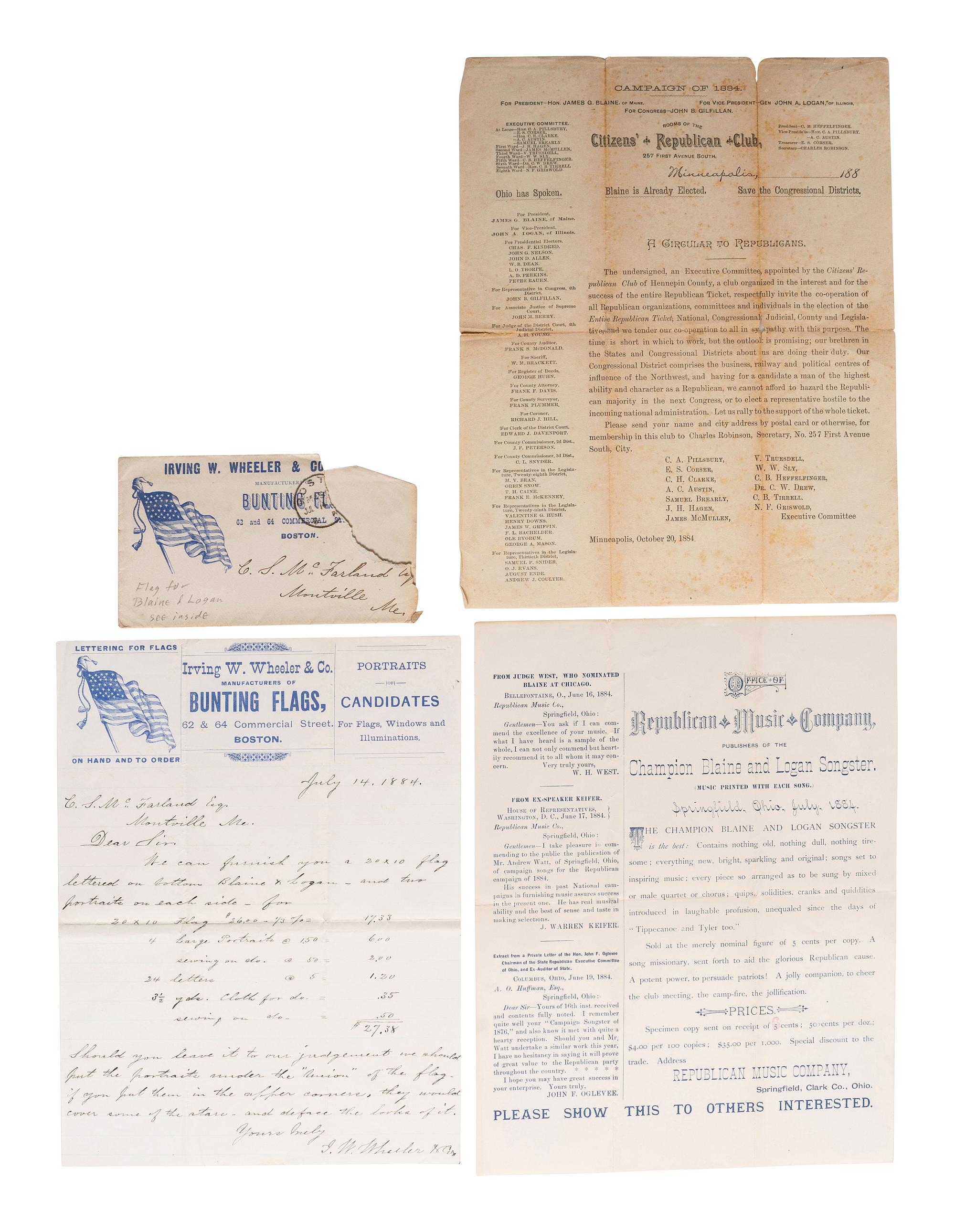 [1884 ELECTION] -- [BLAINE, James G.]. A group of cabinet cards, advertising cards, lithographs, and other ephemera from Blaine's 1884 presidential campaign, comprising: