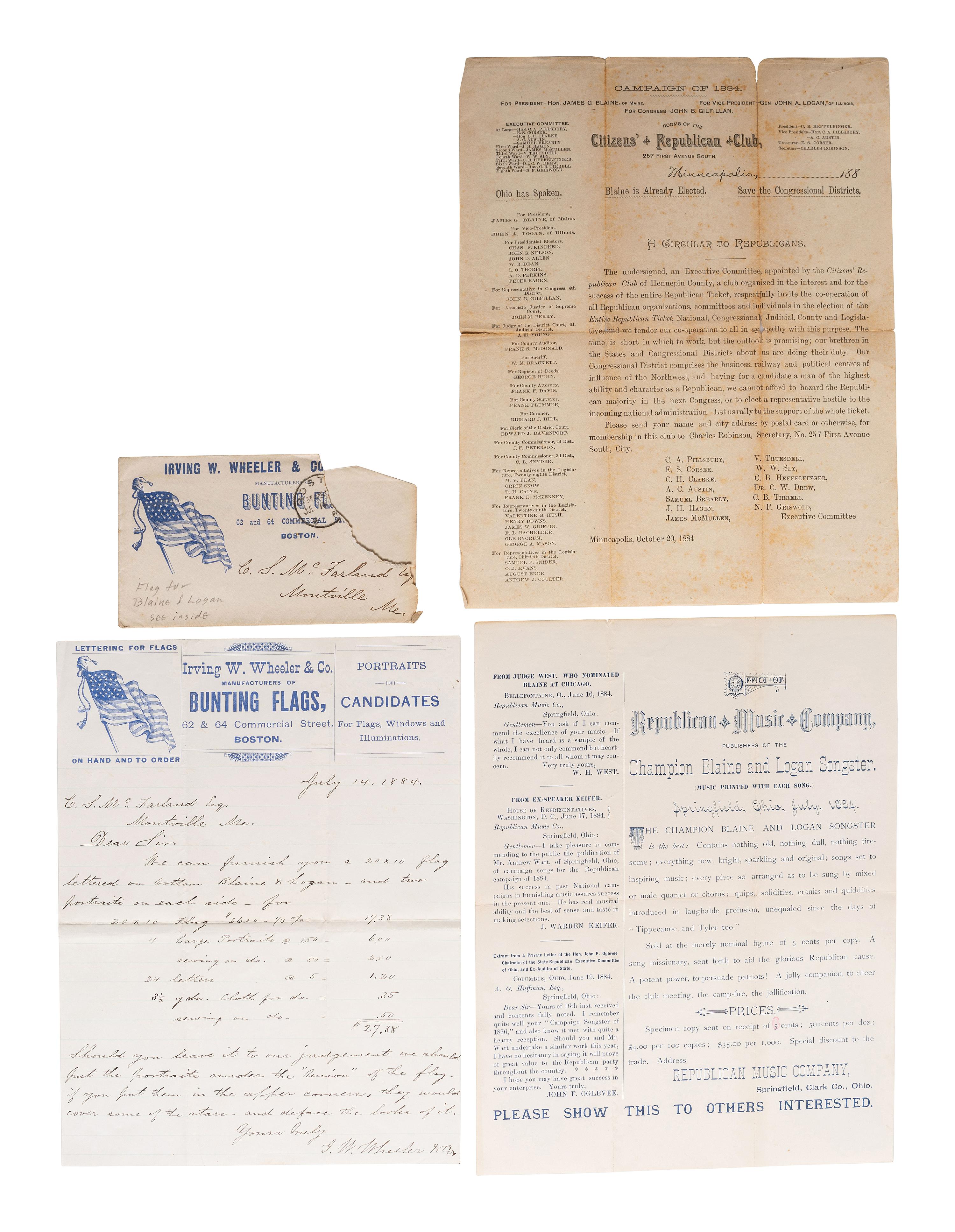 [1884 ELECTION] -- [BLAINE, James G.]. A group of cabinet cards, advertising cards, lithographs, and other ephemera from Blaine's 1884 presidential campaign, comprising:
