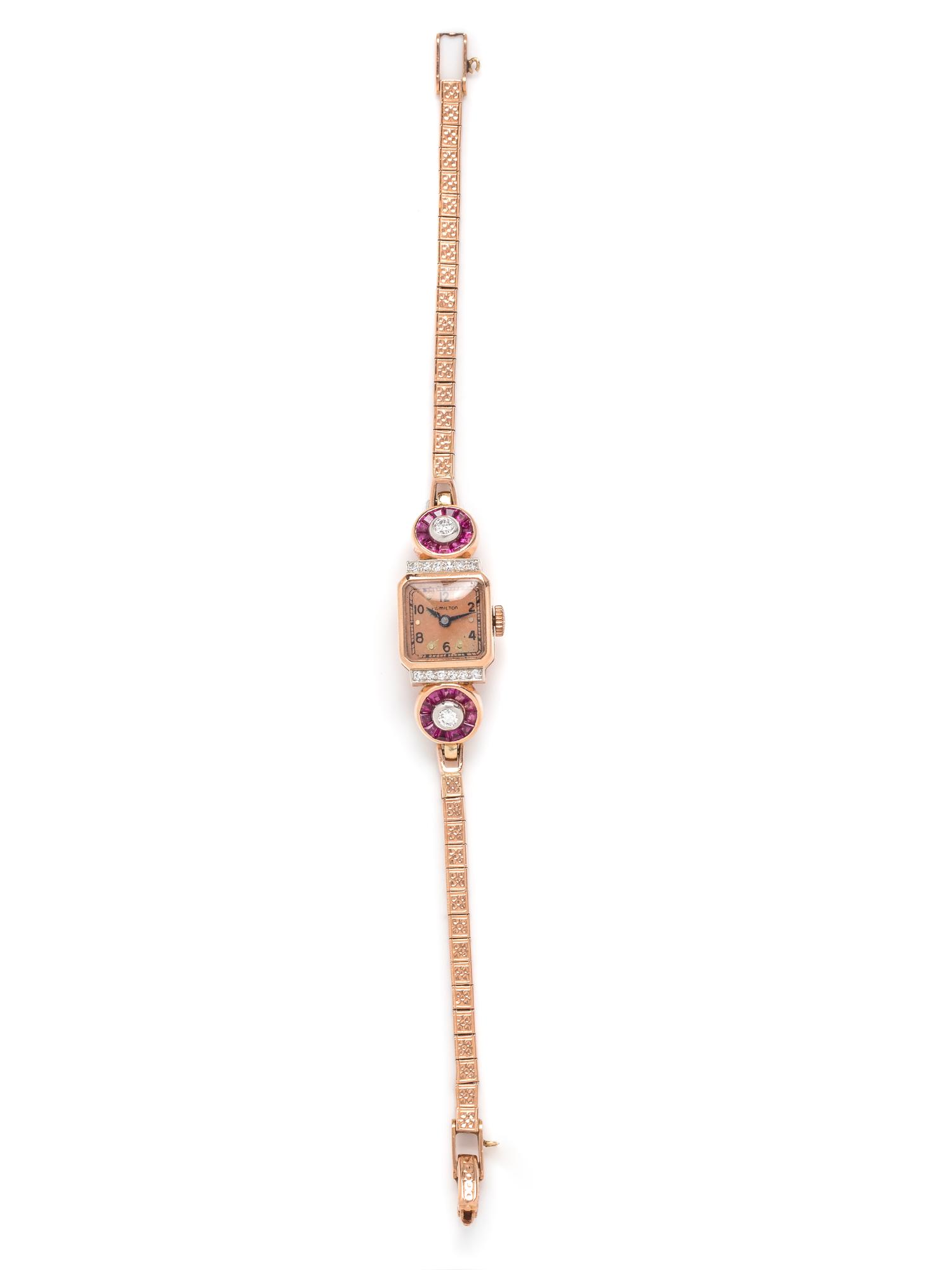 HAMILTON, RETRO, 14K ROSE GOLD, DIAMOND AND RUBY WRISTWATCH