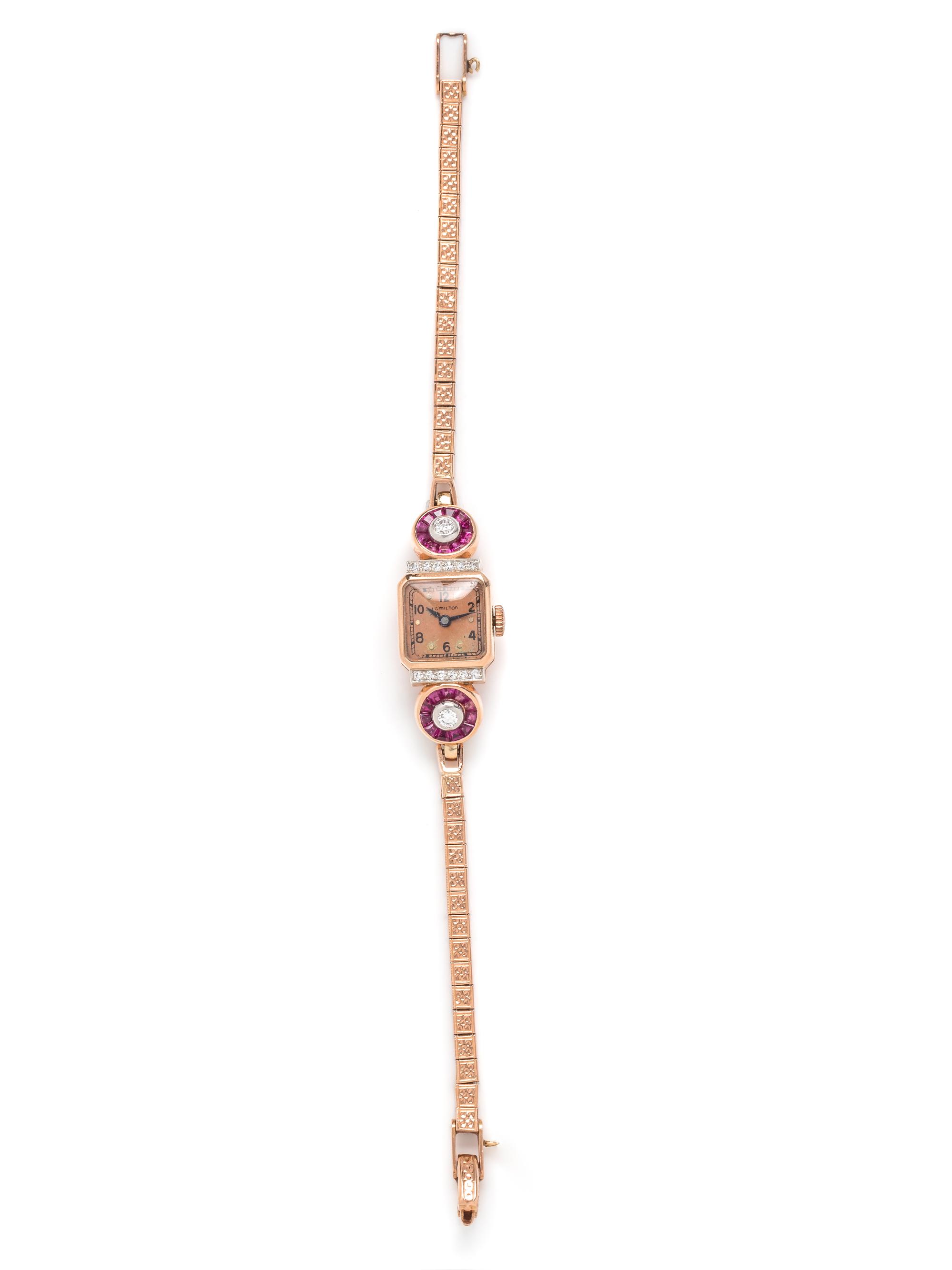 HAMILTON, RETRO, 14K ROSE GOLD, DIAMOND AND RUBY WRISTWATCH