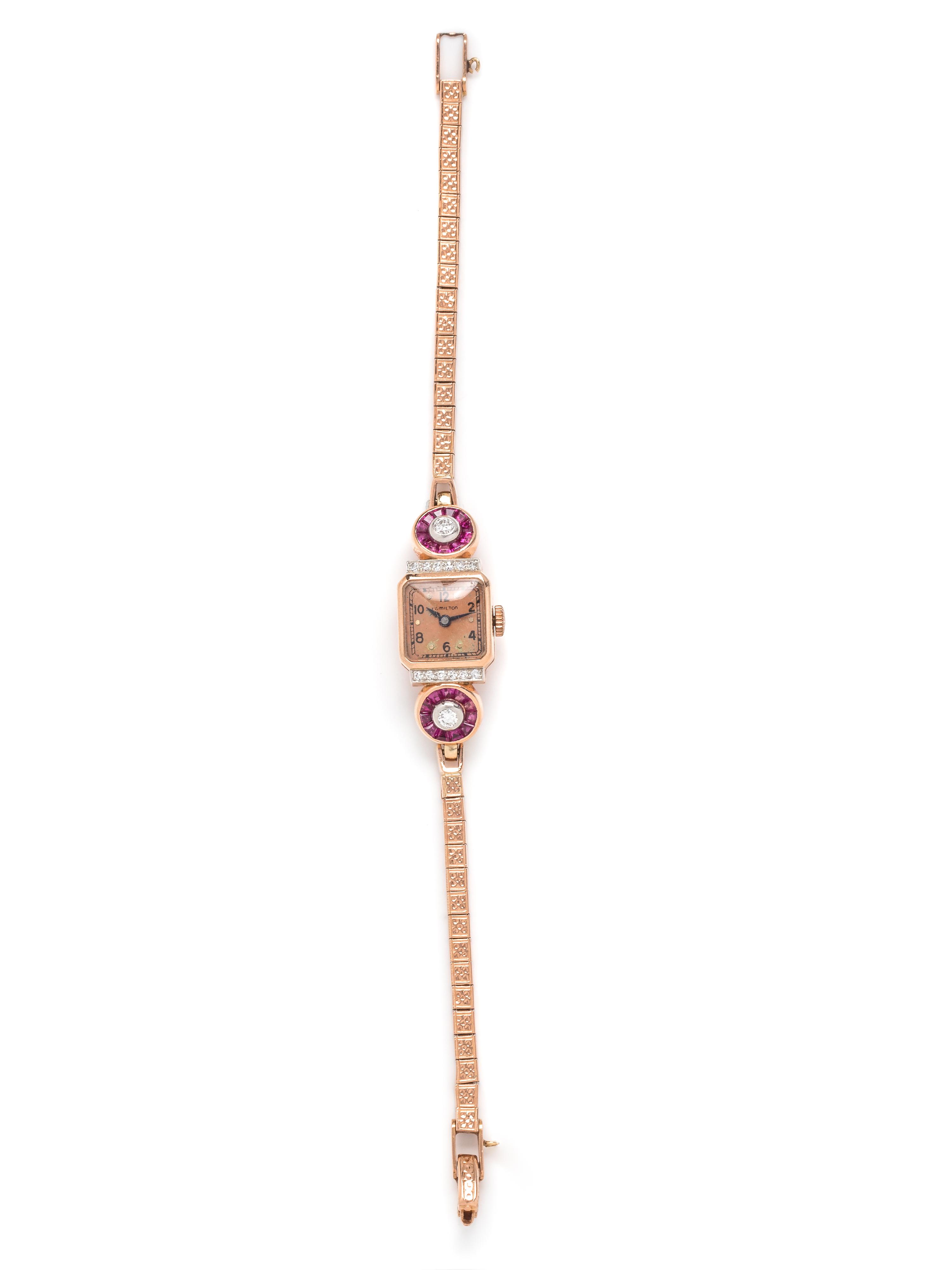 HAMILTON, RETRO, 14K ROSE GOLD, DIAMOND AND RUBY WRISTWATCH
