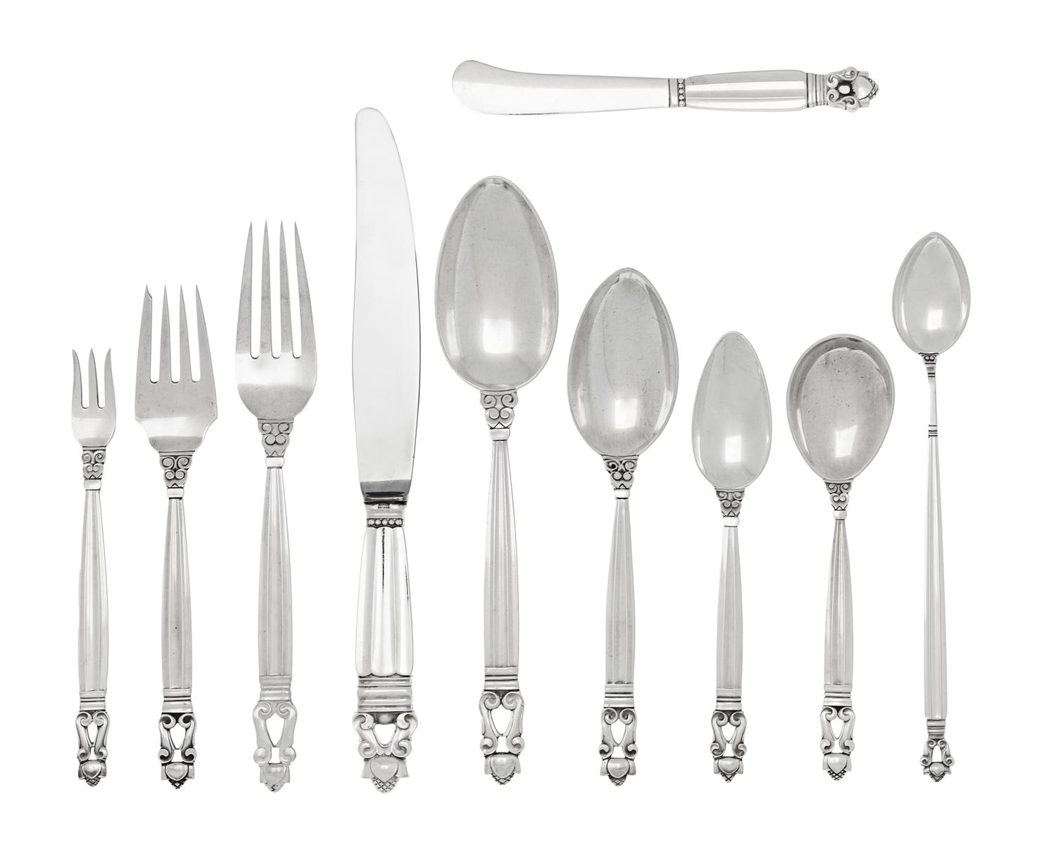 A Large Georg Jensen Silver Acorn Pattern Flatware Service