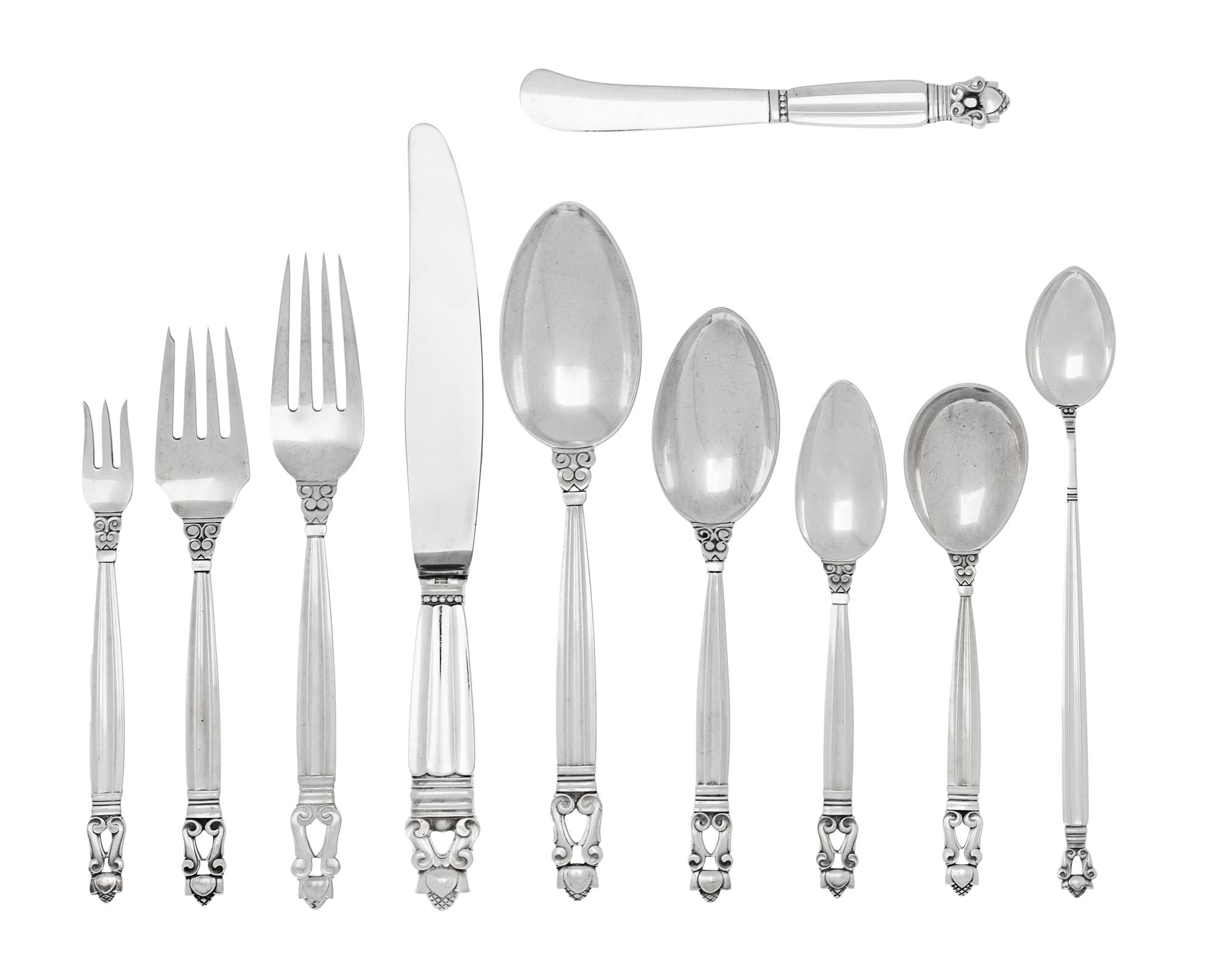 A Large Georg Jensen Silver Acorn Pattern Flatware Service