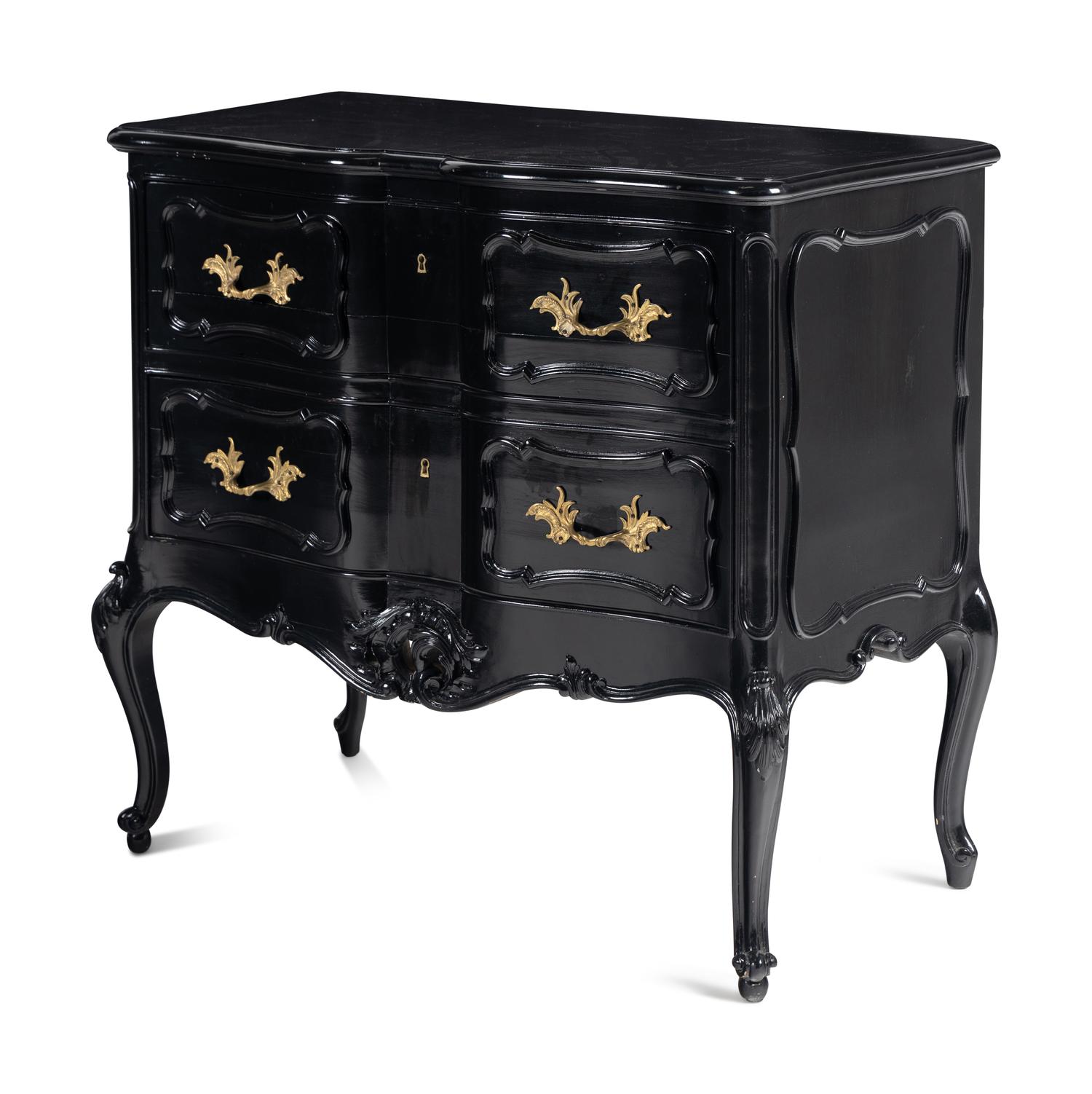 A Pair of Louis XV Style Gilt Metal Mounted Black-Lacquered Commodes