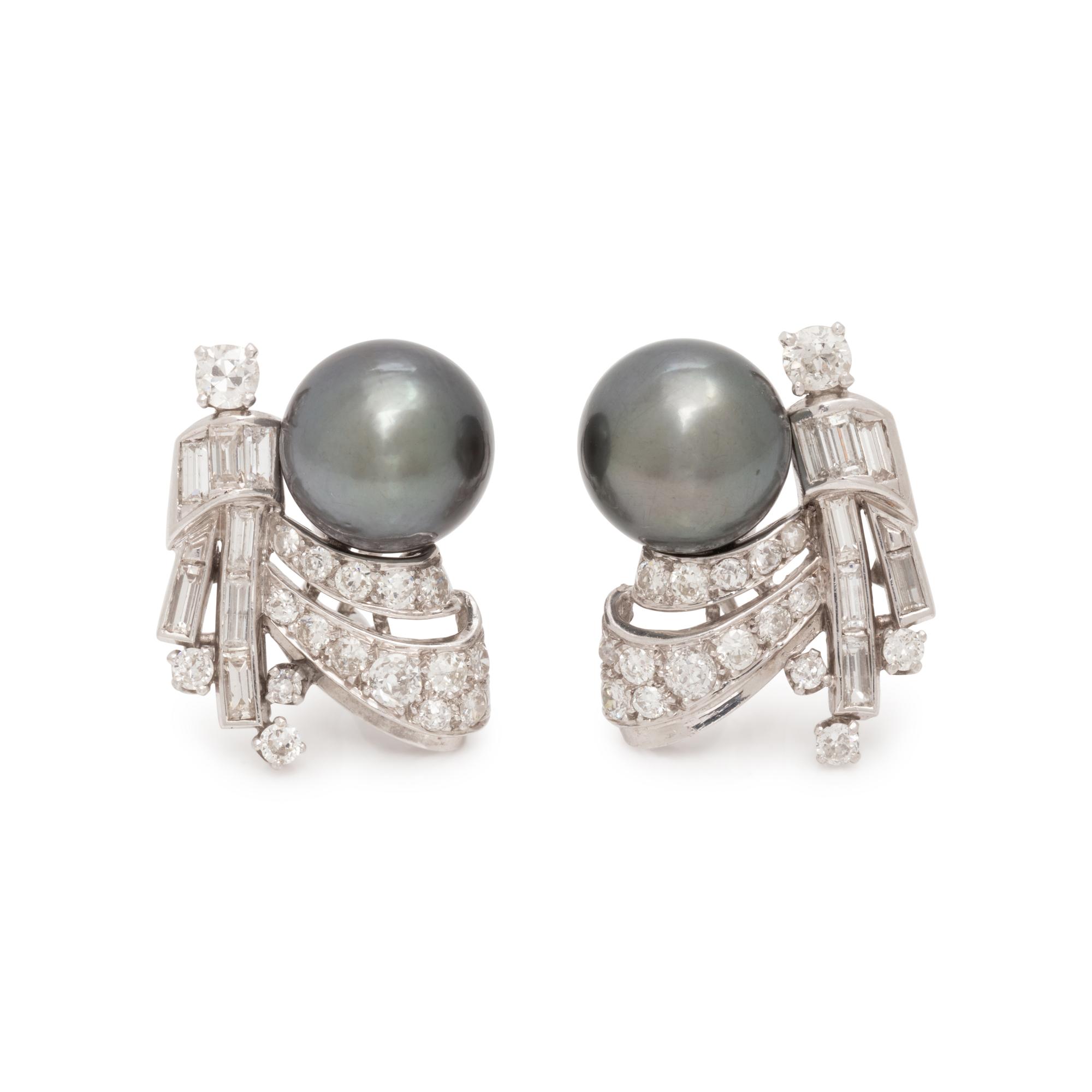 CULTURED TAHITIAN PEARL AND DIAMOND EARCLIPS