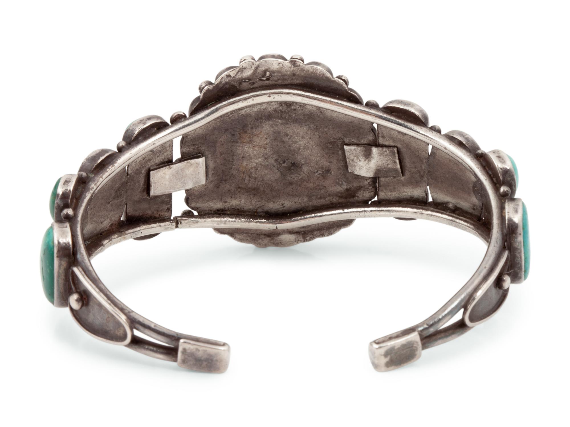 Navajo or Zuni Silver and Turquoise Cluster Cuff Bracelet and Earrings