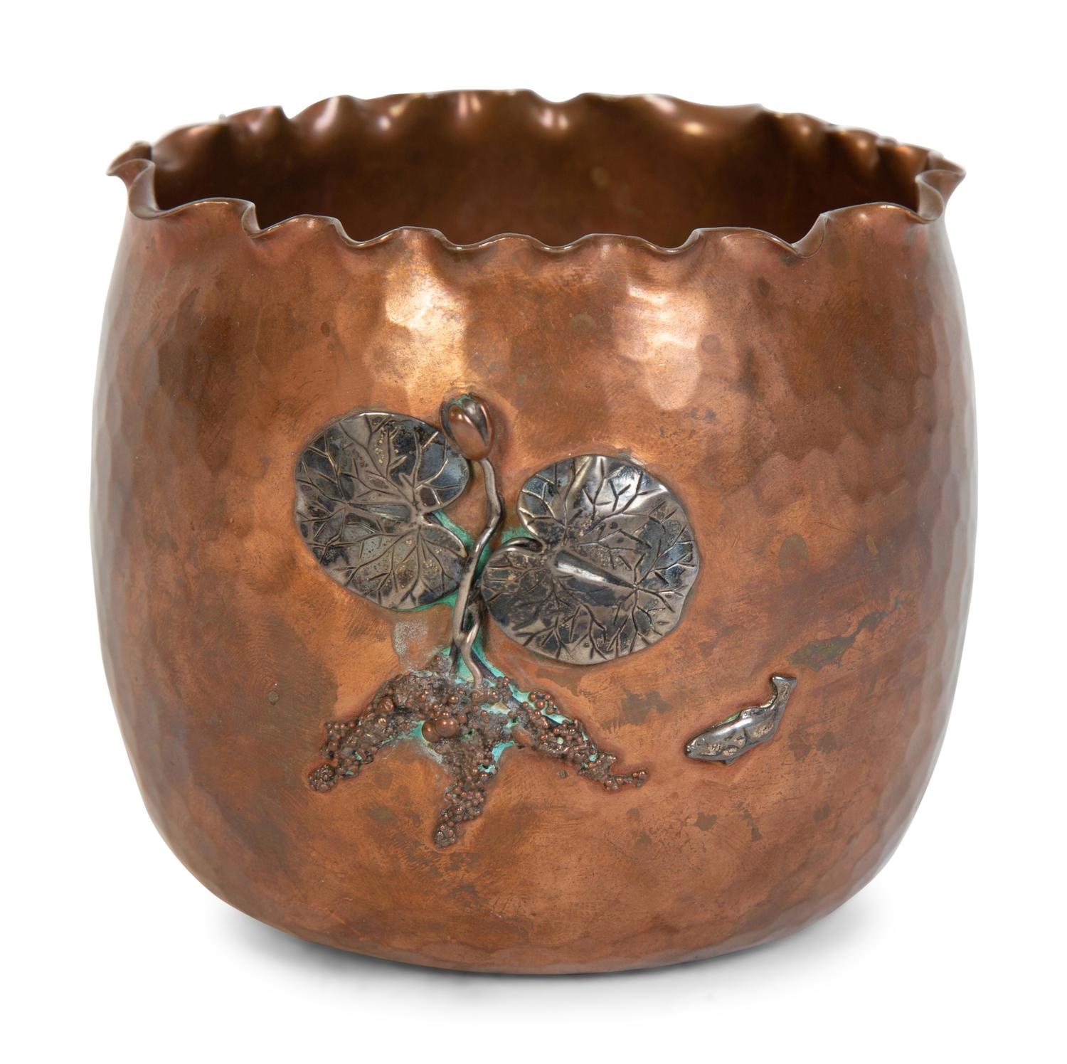 An Aesthetic Movement Hammered Copper and Silver Mounted Bowl — Gorham Mfg., Providence, RI