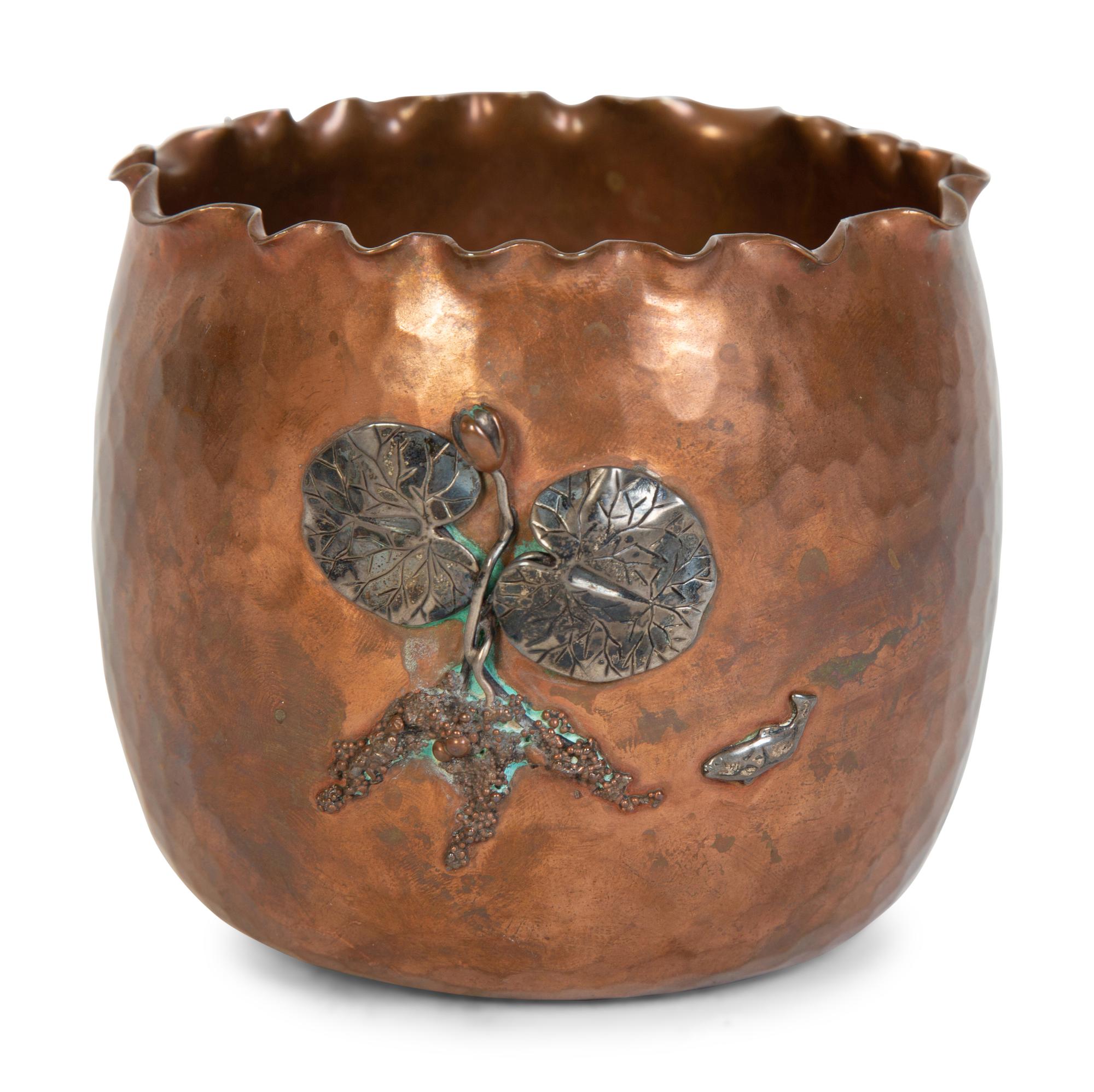 An Aesthetic Movement Hammered Copper and Silver Mounted Bowl — Gorham Mfg., Providence, RI