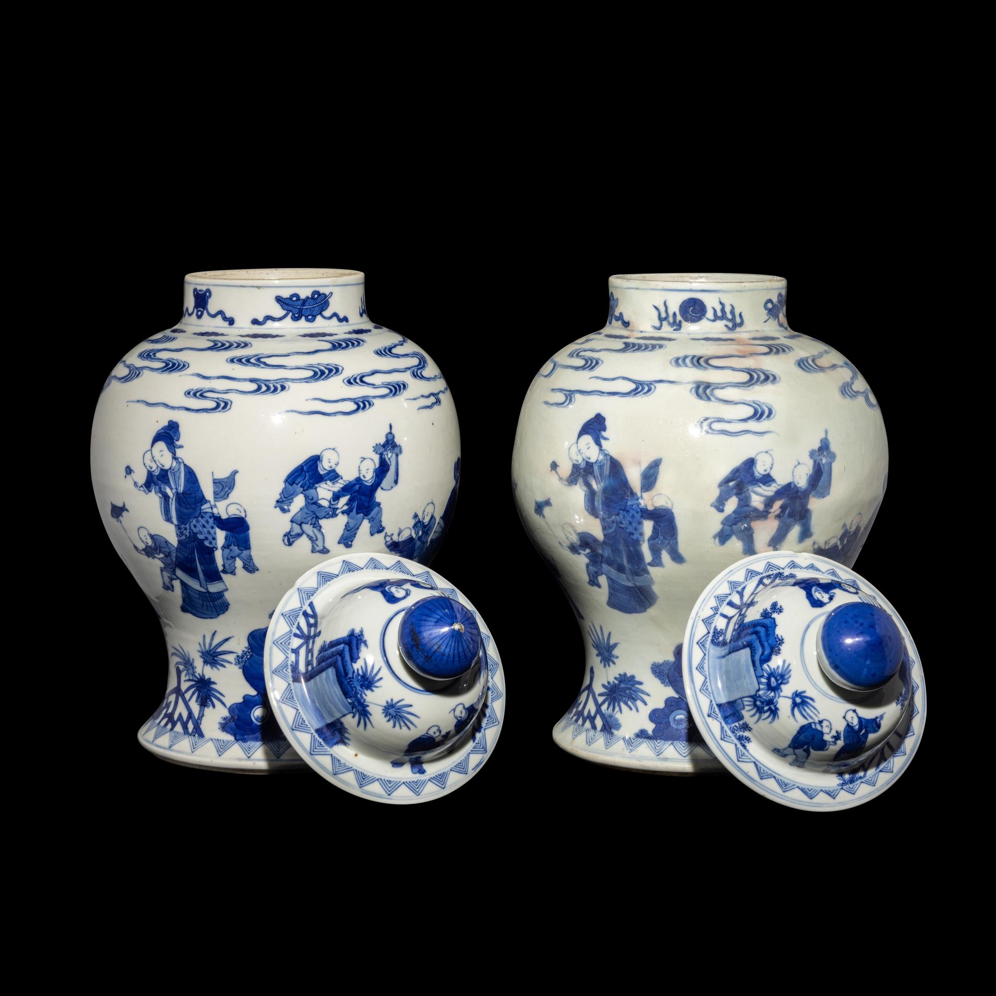 A Pair of Chinese Blue and White 'Figural' Porcelain General Jars and Covers, 19th/Early 20th Century 晚清/民國 青花人物故事圖將軍罐一對