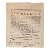 [Fairfax, George William (1724-1787)]. Broadside advertising ten dollar reward for arsonists. Winchester: Printed by Richard Brown, 1793.