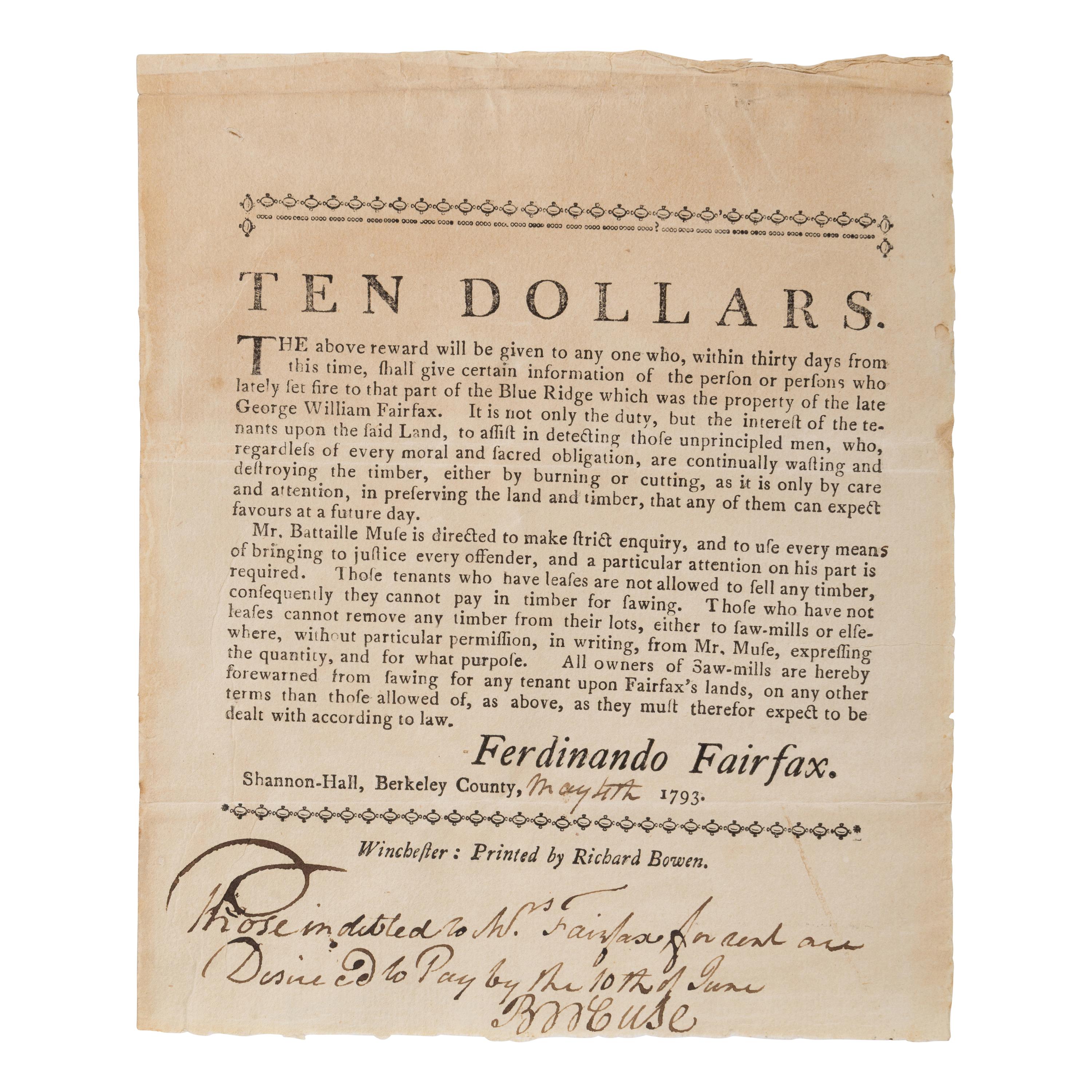 [Fairfax, George William (1724-1787)]. Broadside advertising ten dollar reward for arsonists. Winchester: Printed by Richard Brown, 1793.
