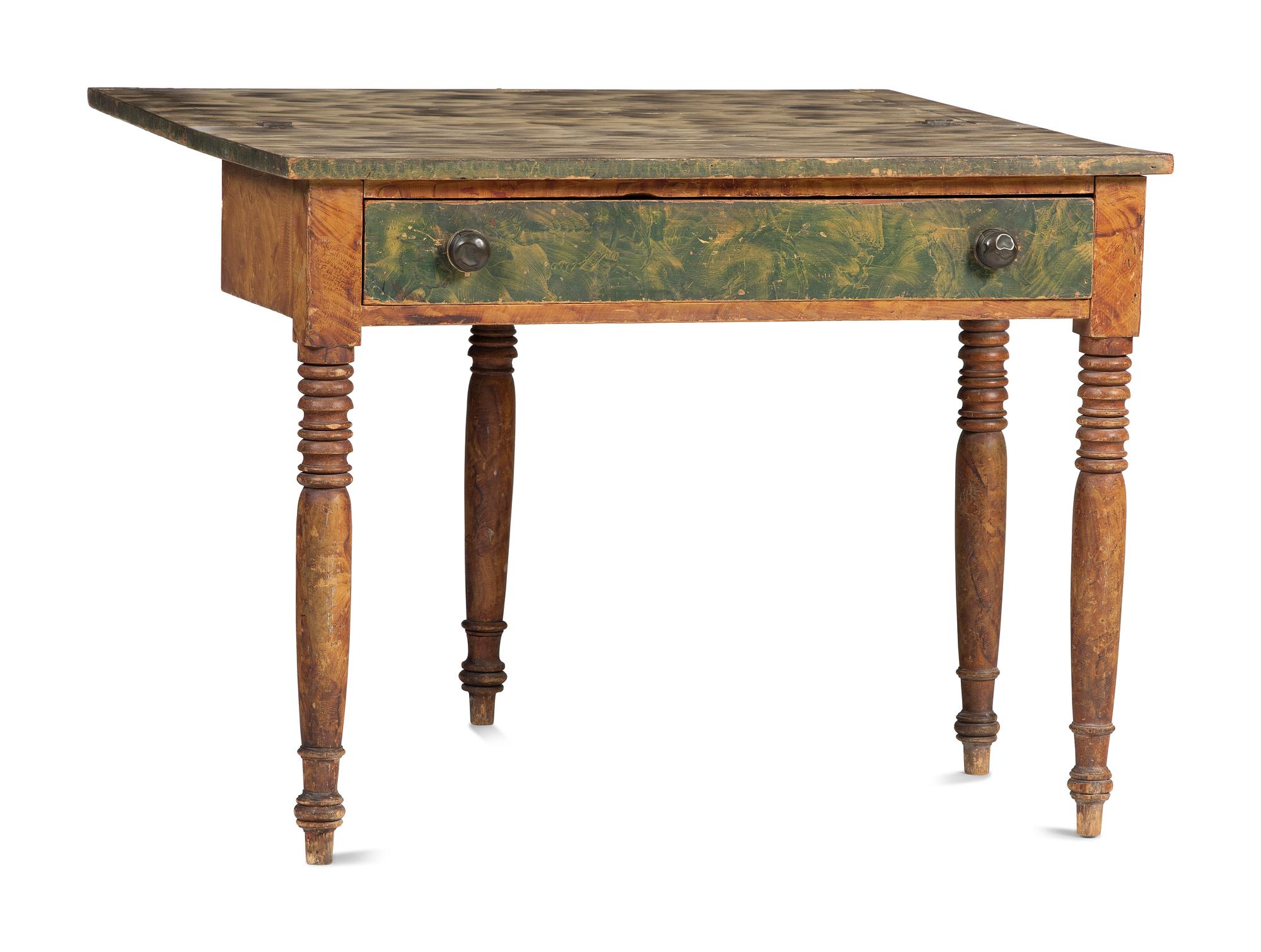 A Late Federal Grain Painted, Sponge and Smoke-Decorated Pine Game Table