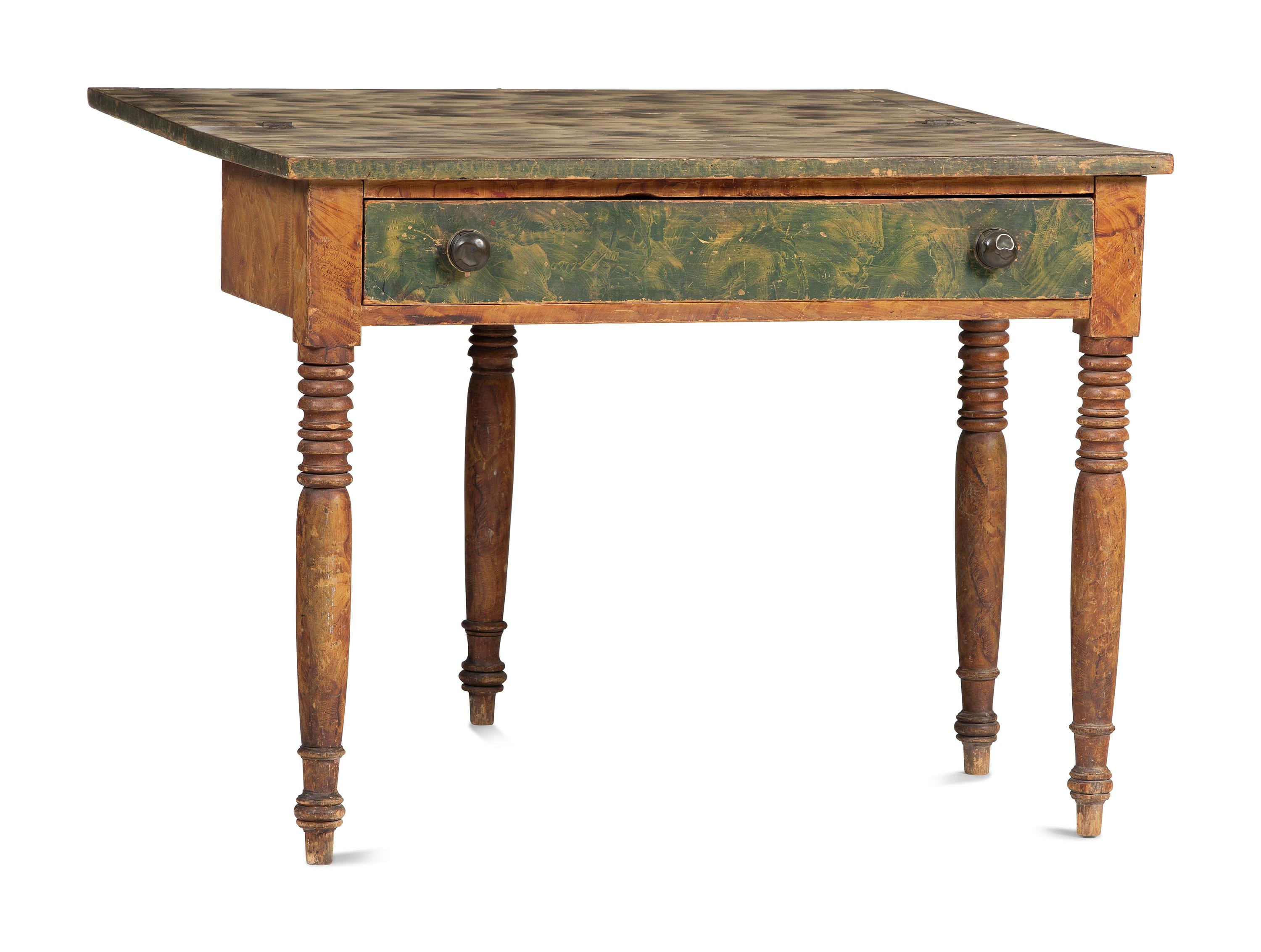 A Late Federal Grain Painted, Sponge and Smoke-Decorated Pine Game Table