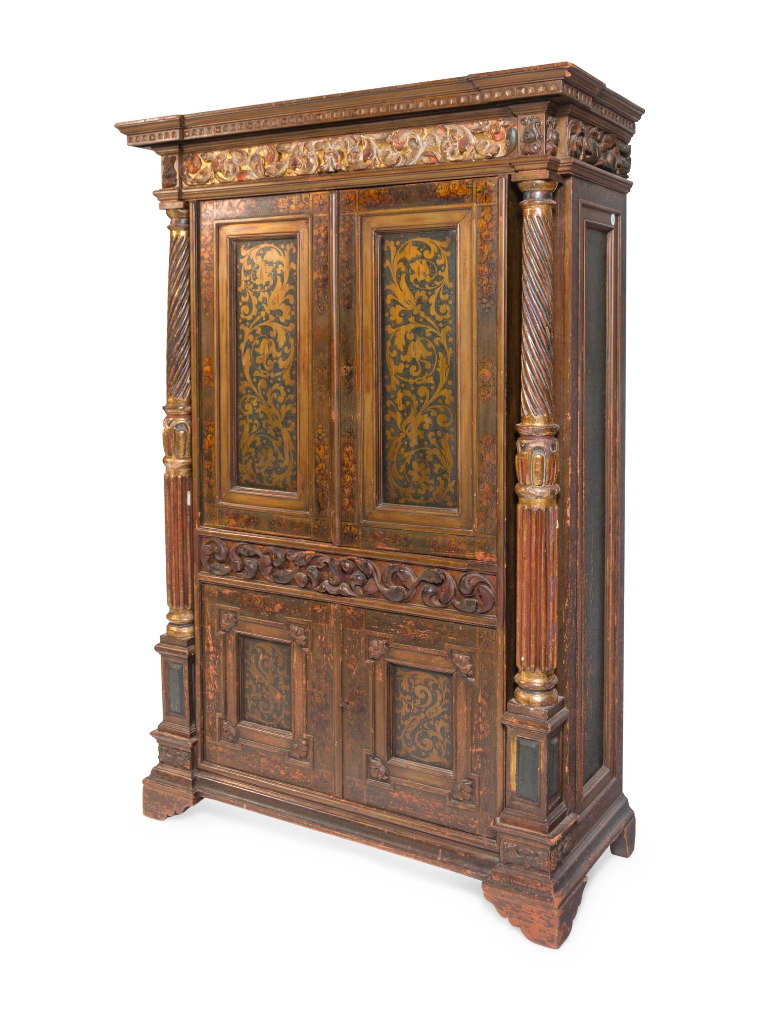 A Continental Painted and Parcel Gilt Secretary Cabinet