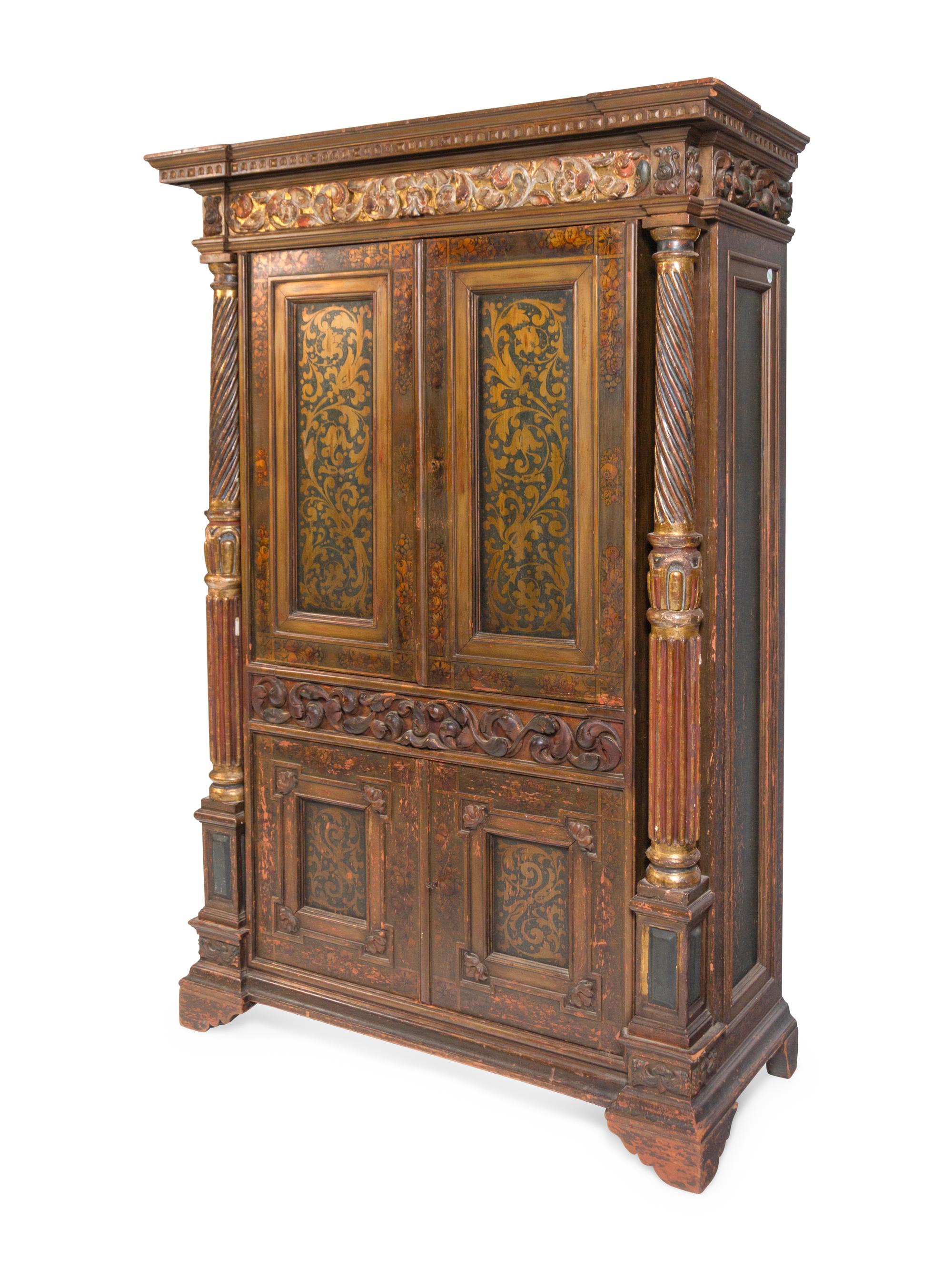 A Continental Painted and Parcel Gilt Secretary Cabinet