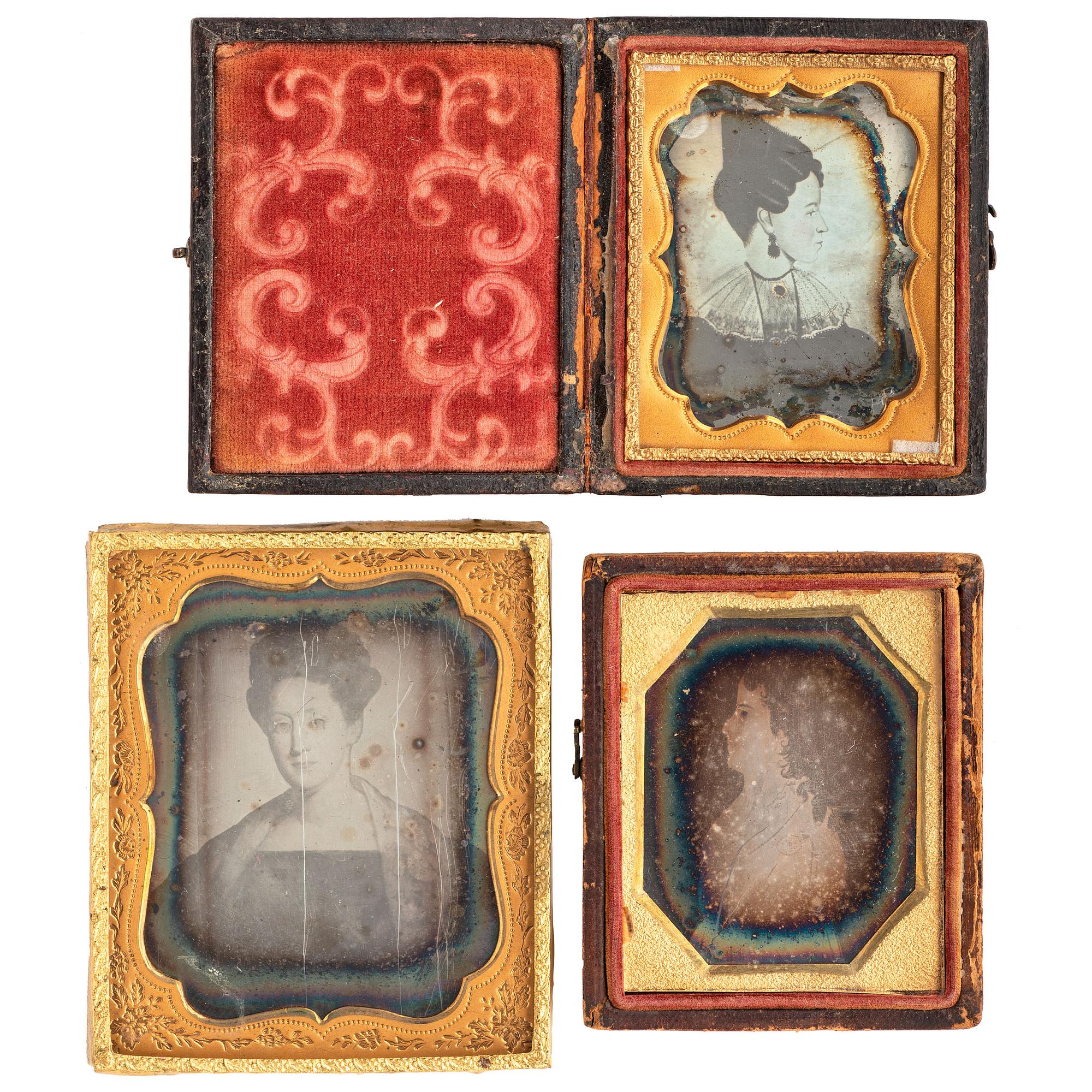 [EARLY PHOTOGRAPHY - PORTRAITURE]. A group of 9 daguerreotypes of folk art portraits featuring women, including: