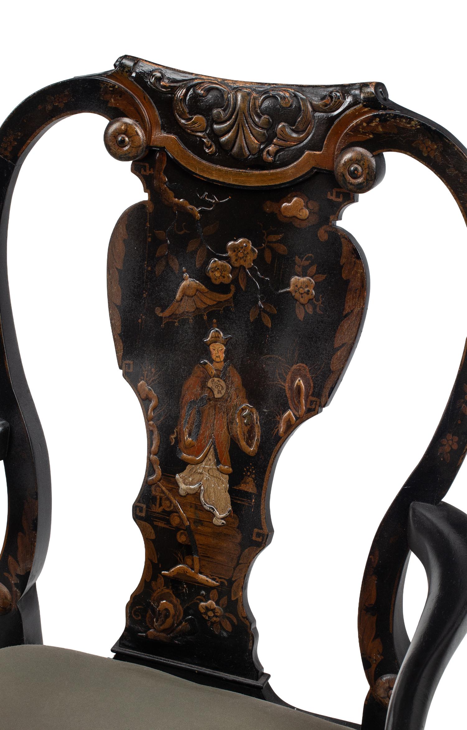 A Pair of Queen Anne Style Black-Japanned Armchairs