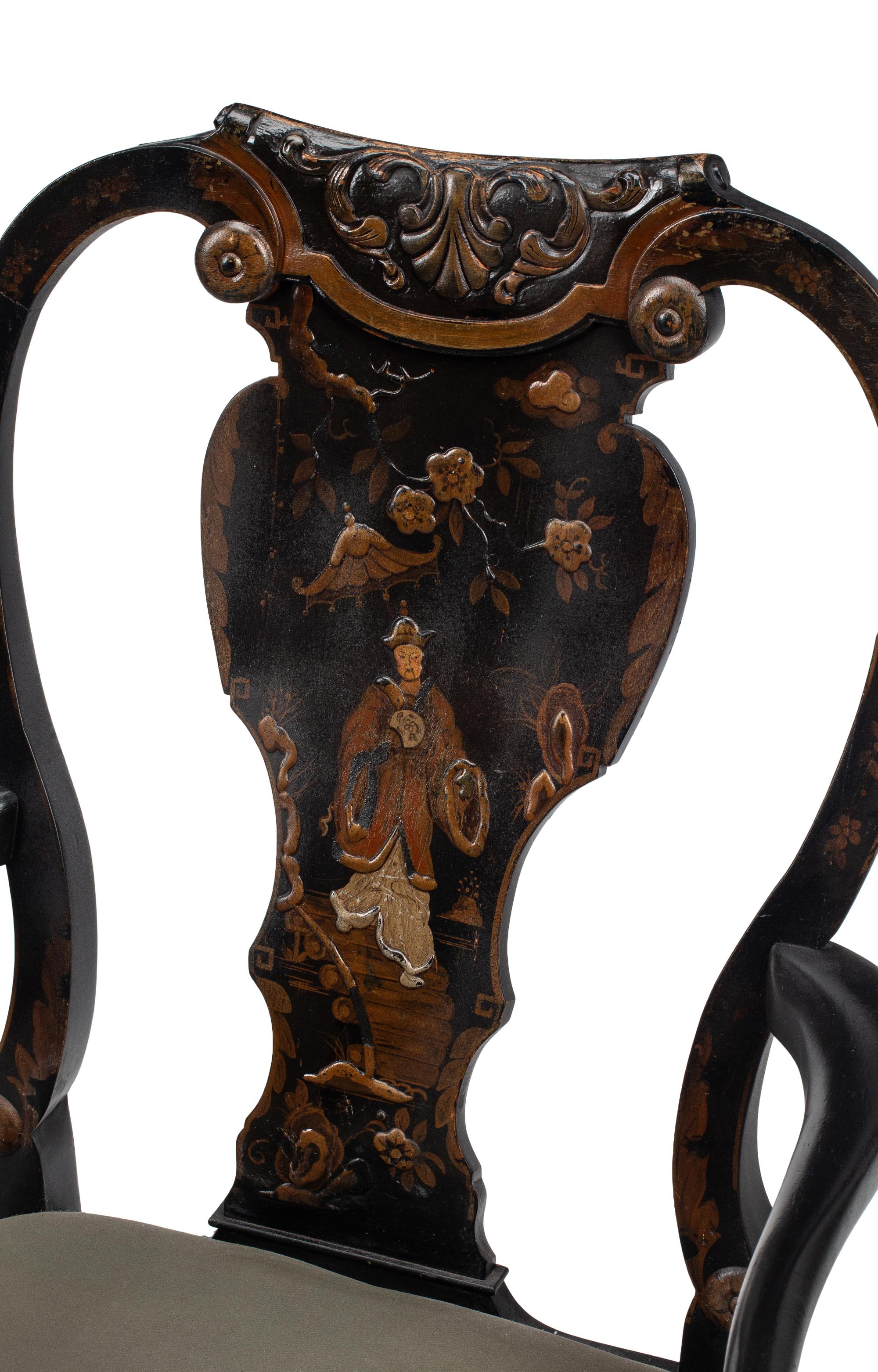 A Pair of Queen Anne Style Black-Japanned Armchairs