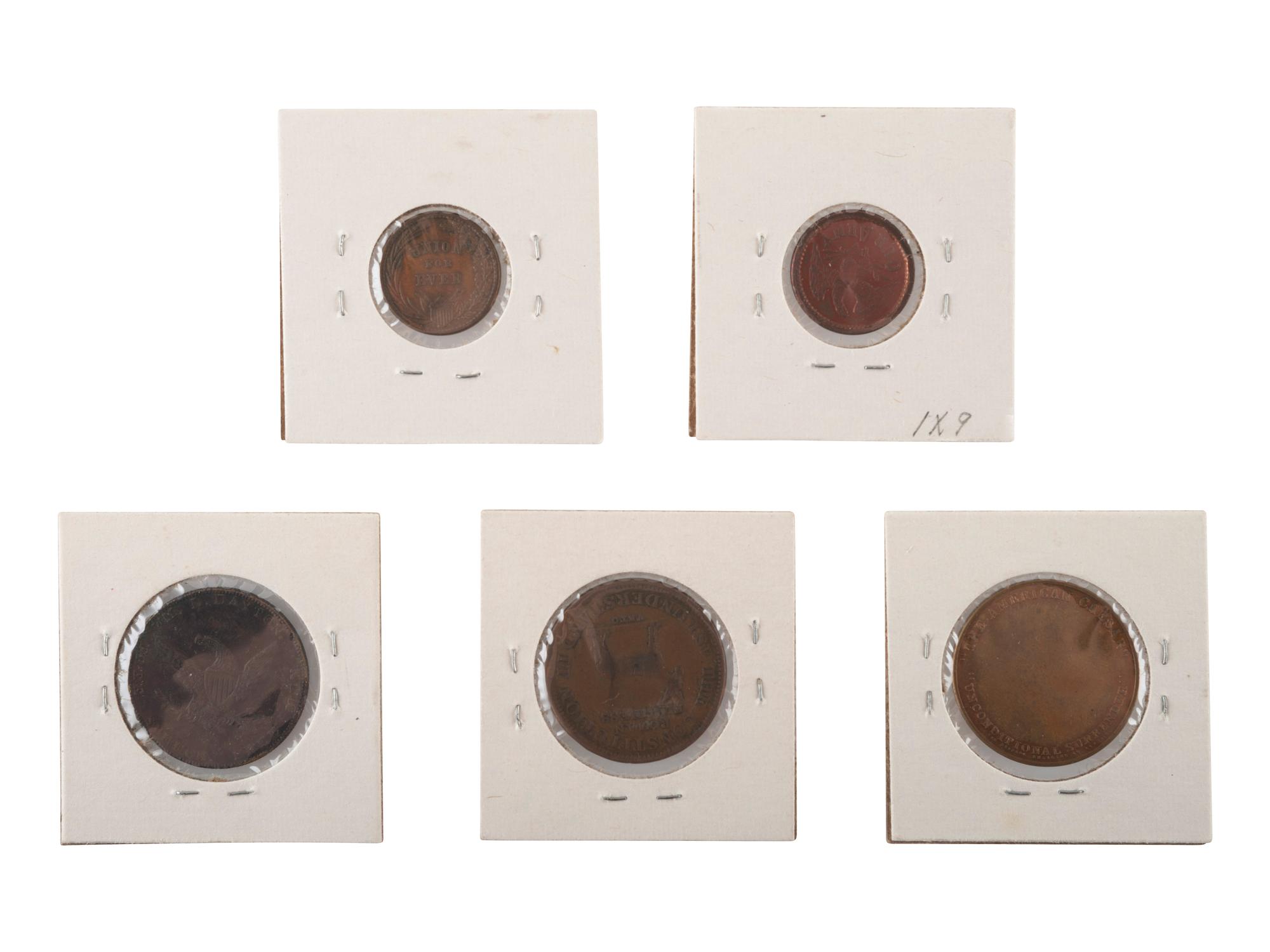 [EXONUMIA]. A group of Lincoln, John C. Frémont, Andrew Jackson, Ulysses Grant, and Civil War-related tokens and medals, comprising: