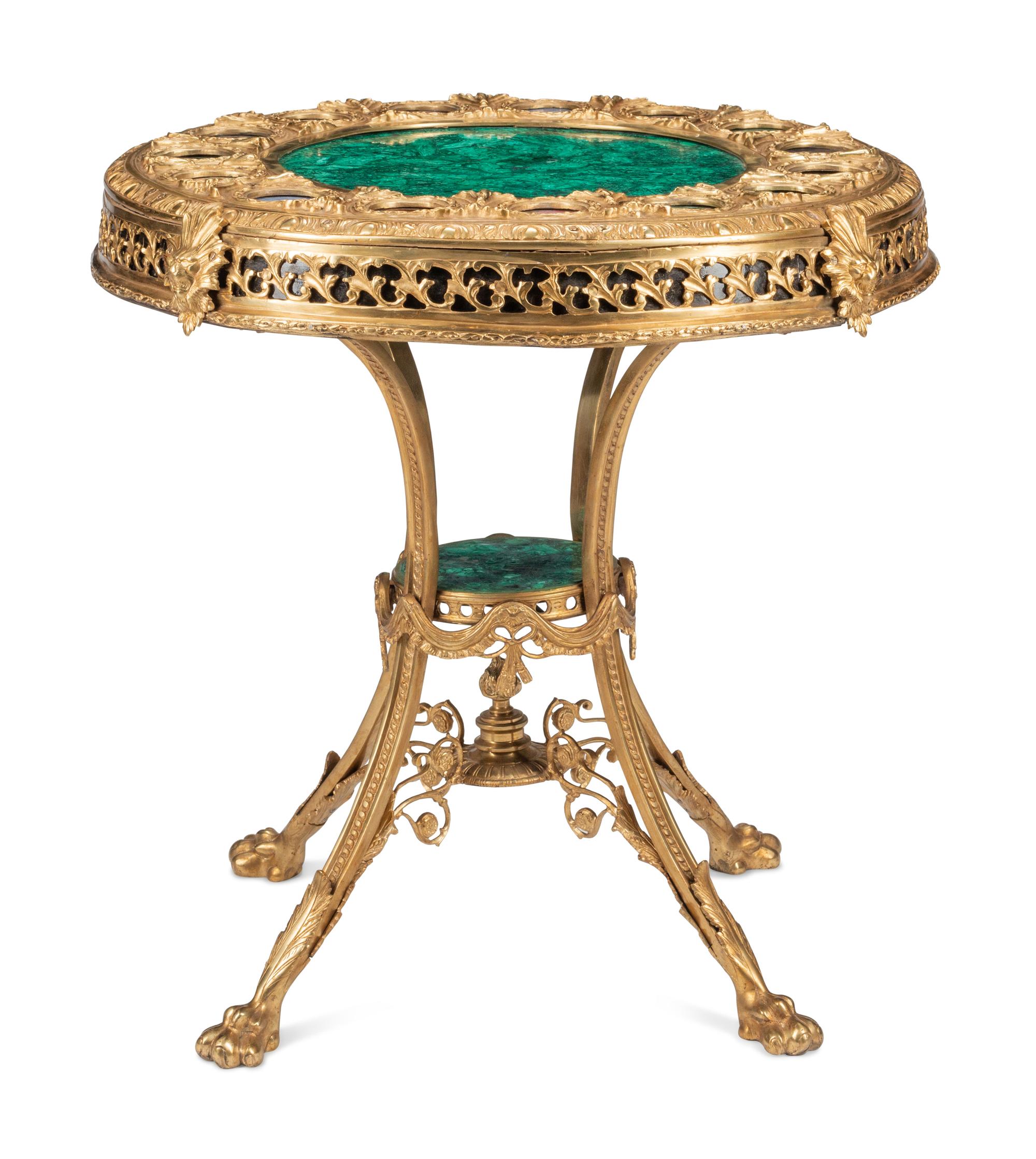 A Louis XVI Style Gilt Bronze, Malachite and Specimen Marble Guéridon