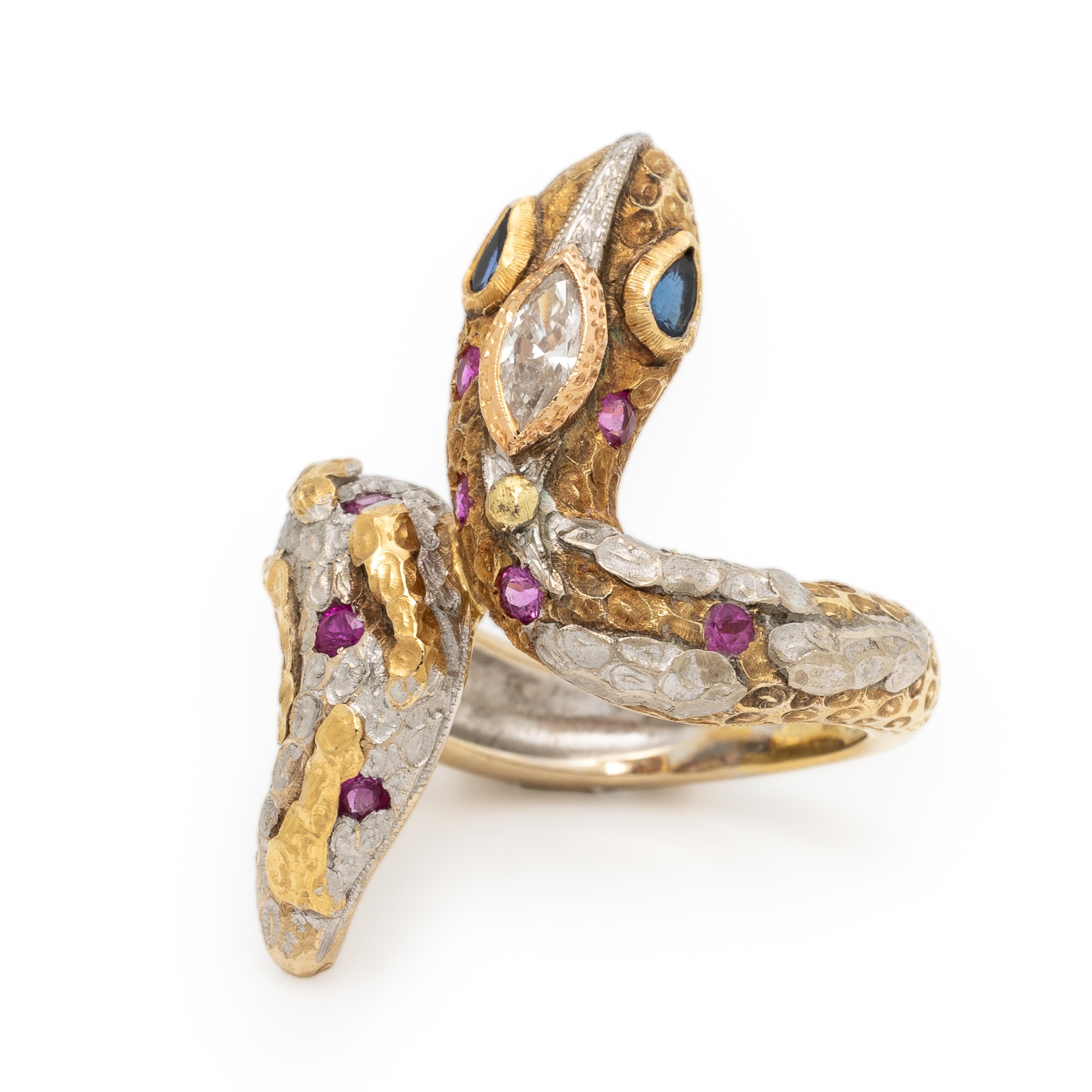 Cazzaniga, Diamond, Sapphire, and Bicolor Gold Snake Ring
