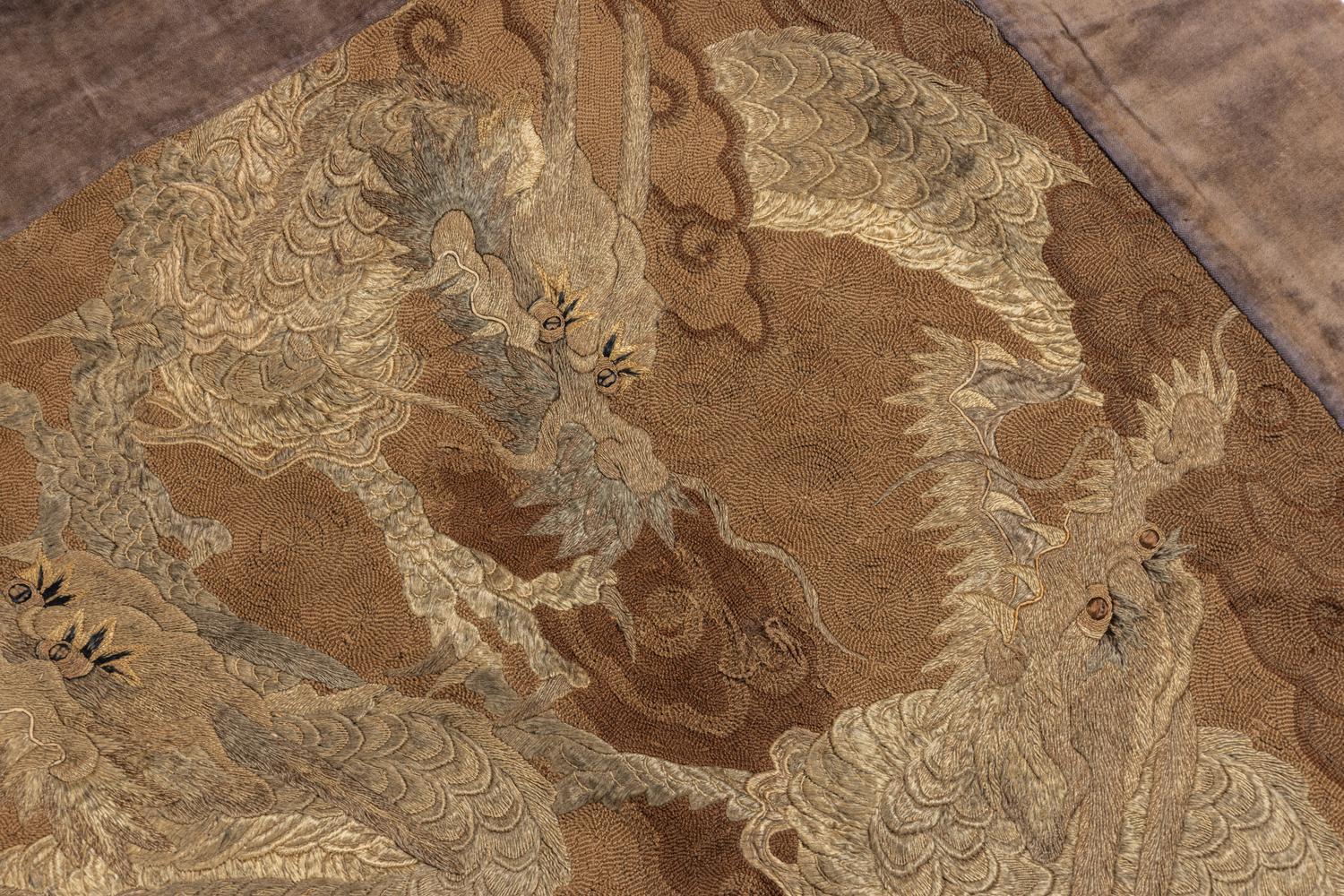 A Large Japanese Embroidered Silk 'Dragons' Panel