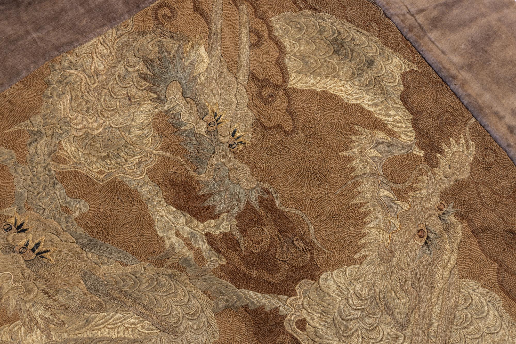 A Large Japanese Embroidered Silk 'Dragons' Panel