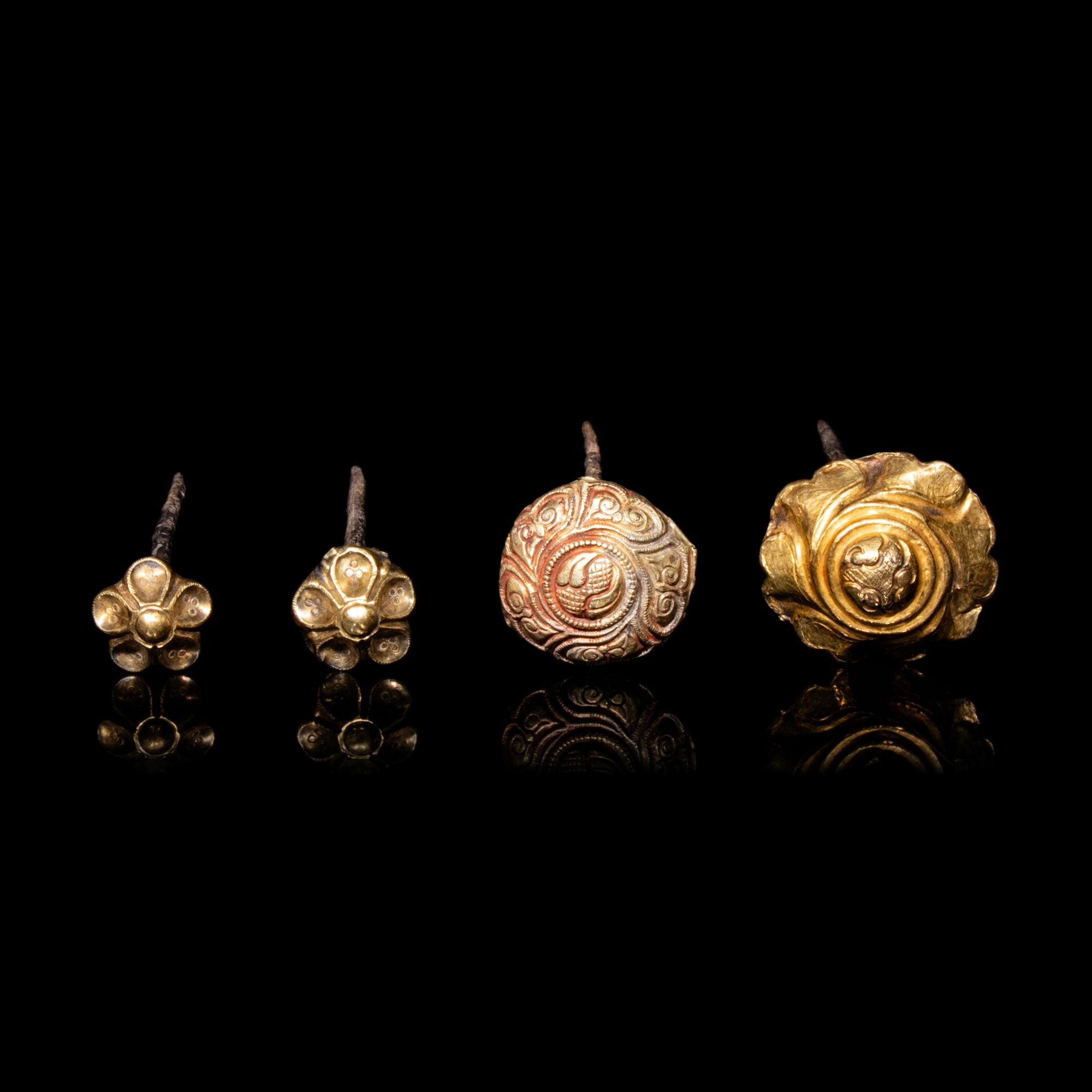 Four Chinese Silver Gilt 'Floral' Hairpins, Zan, Ming Dynasty 明 花卉紋金裹頭銀錐腳簪四支