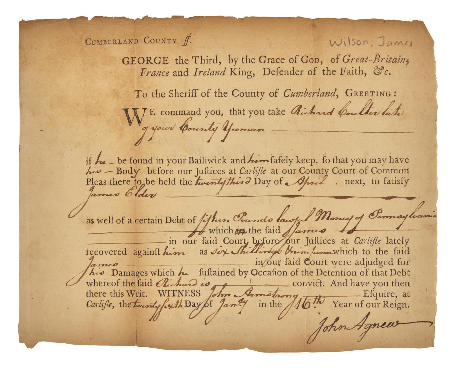 [Americana] [Declaration of Independence] Wilson, James. Partially-Printed Document, signed