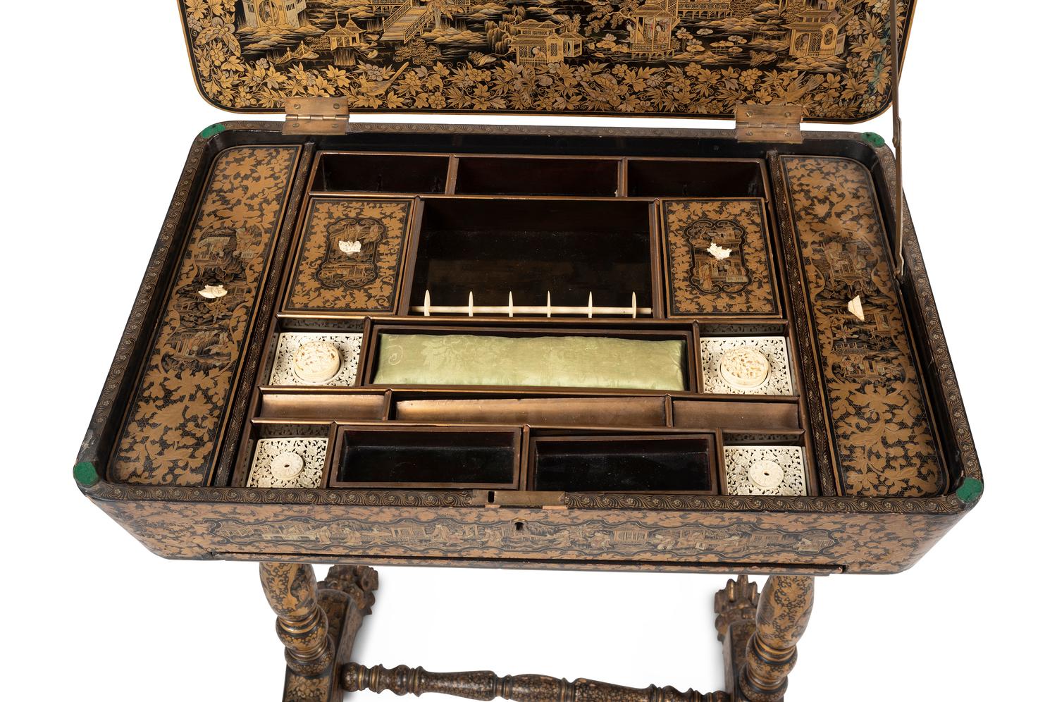 A Chinese Export Gilt and Black Lacquered Sewing Table