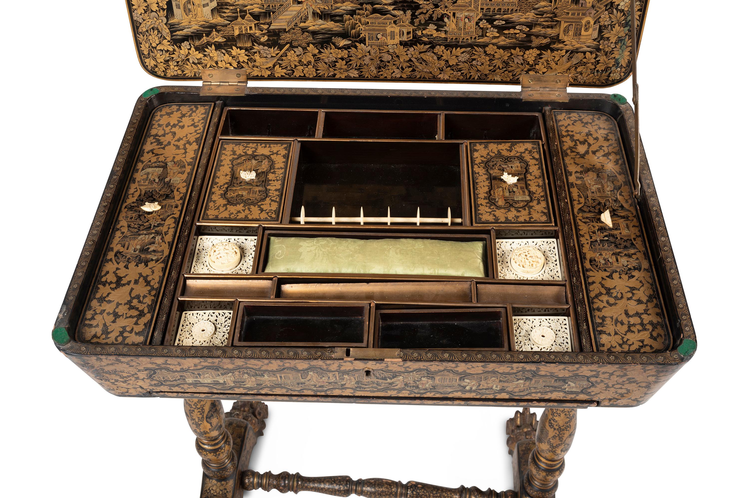 A Chinese Export Gilt and Black Lacquered Sewing Table