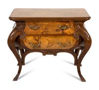 A Continental Gilt Metal Mounted Olivewood and Mahogany Bombé Commode