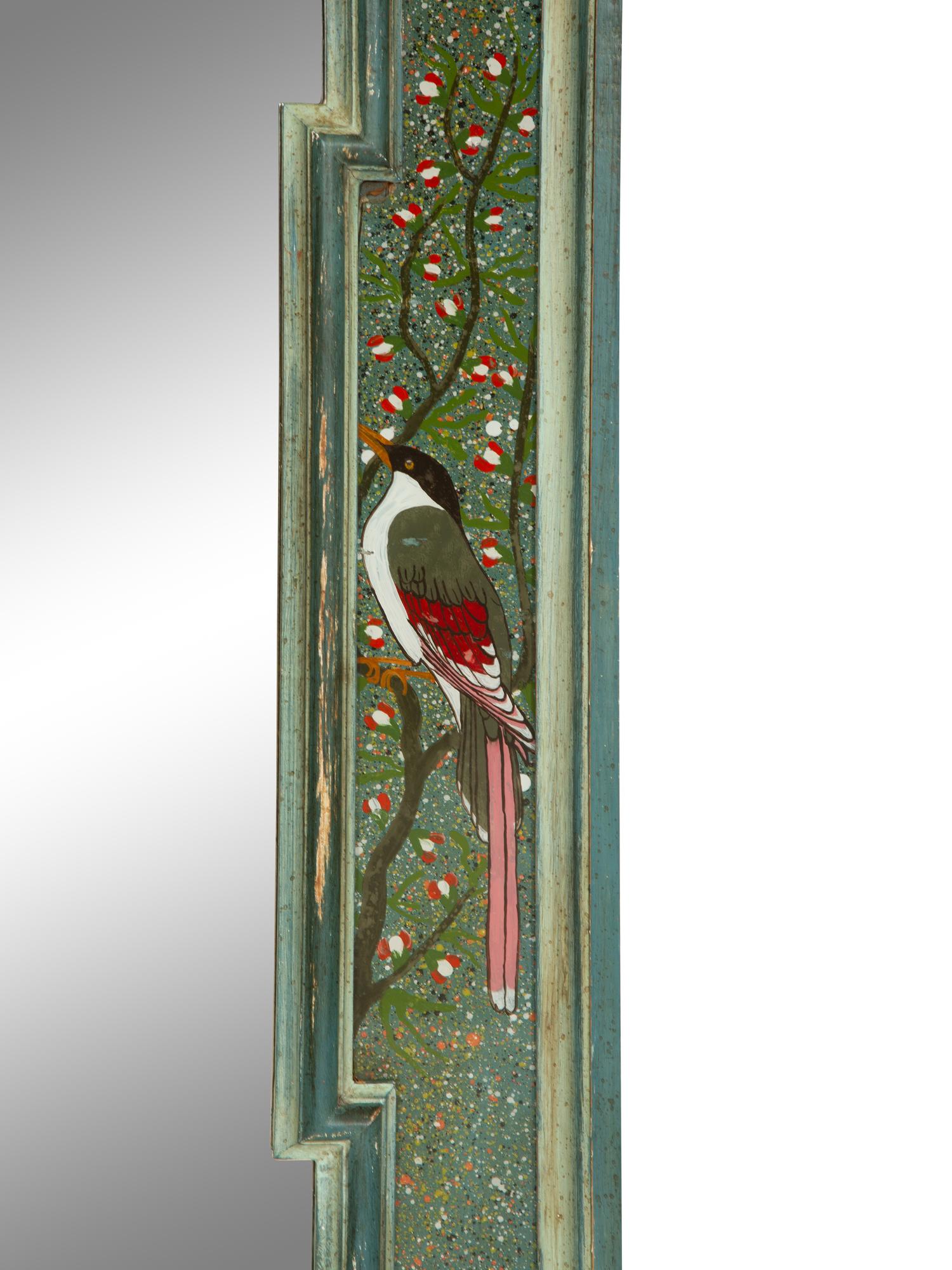 A Painted Molded Wood Framed Mirror with Reverse Painted Glass Panels Depicting Birds in Foliage