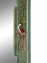A Painted Molded Wood Framed Mirror with Reverse Painted Glass Panels Depicting Birds in Foliage