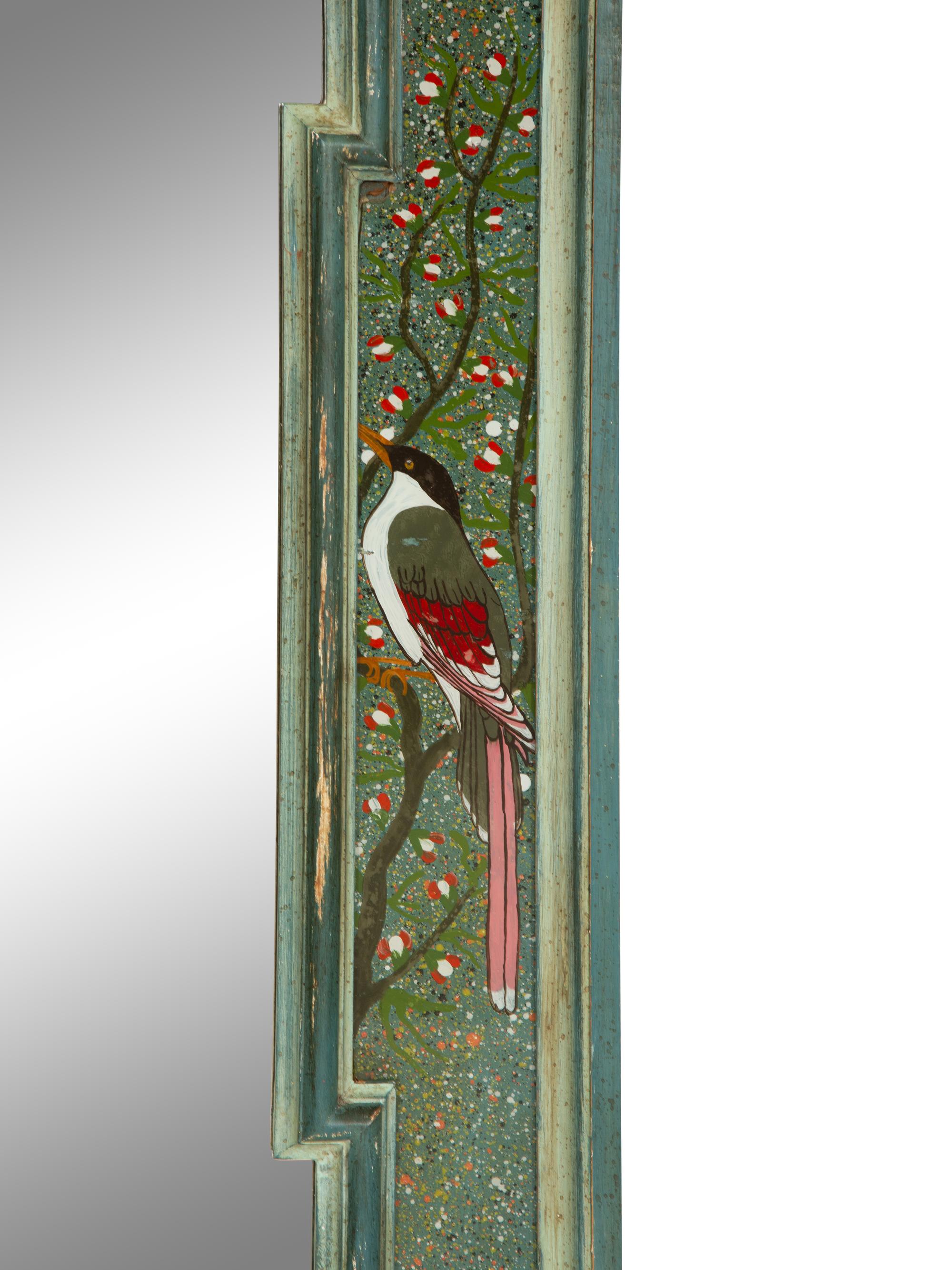 A Painted Molded Wood Framed Mirror with Reverse Painted Glass Panels Depicting Birds in Foliage