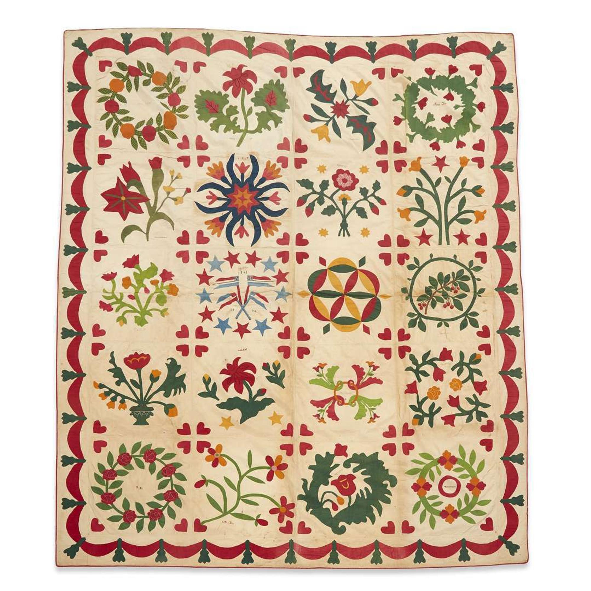 Civil War appliquéd album quilt of Confederate interest dated 1861