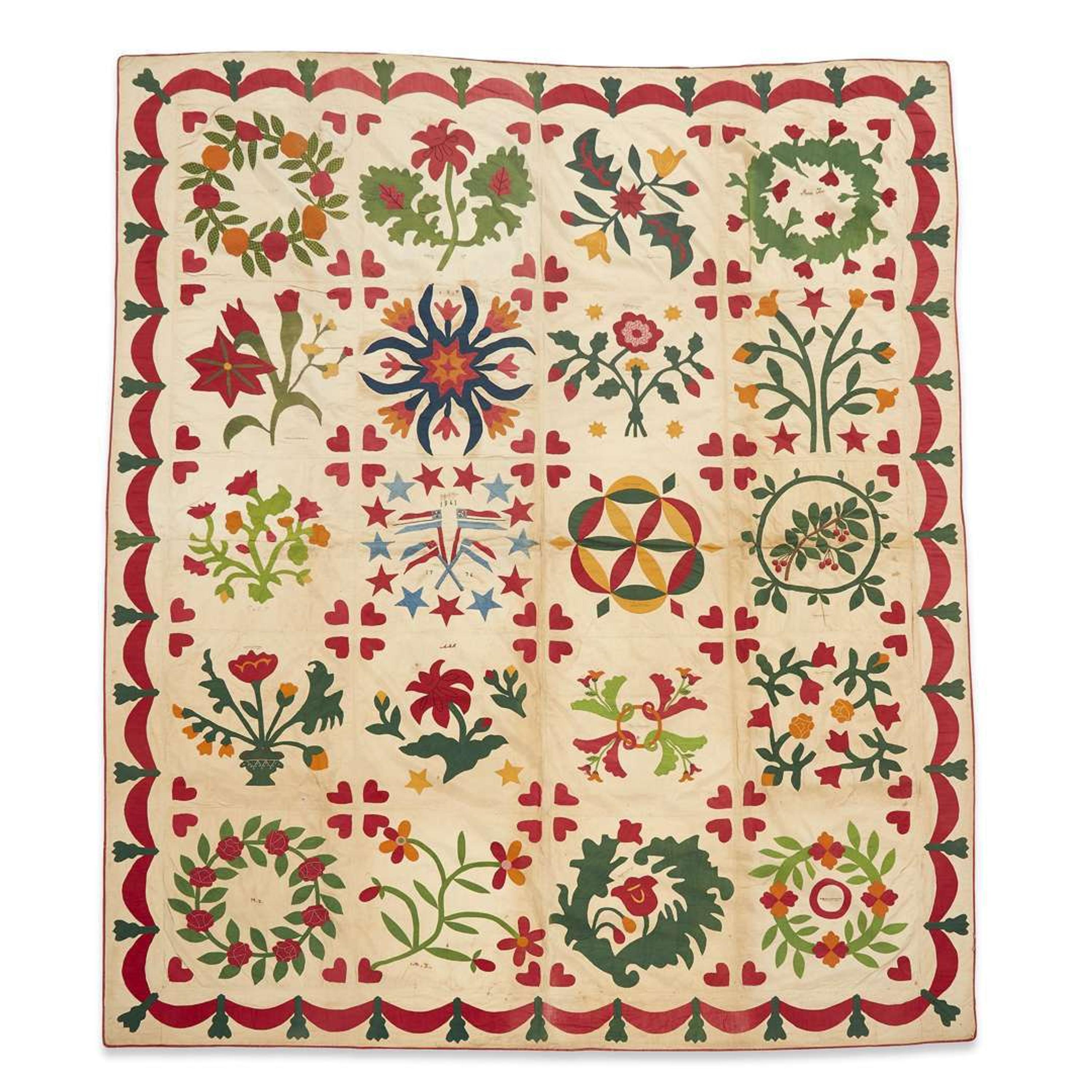 Civil War appliquéd album quilt of Confederate interest dated 1861