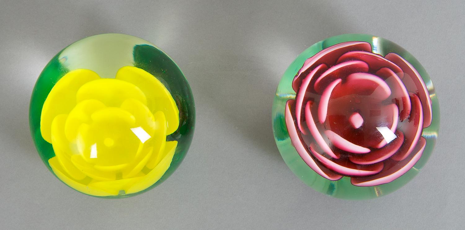 A Group of Two St. Clair Paperweights, Diameter 3 3/4 inches.