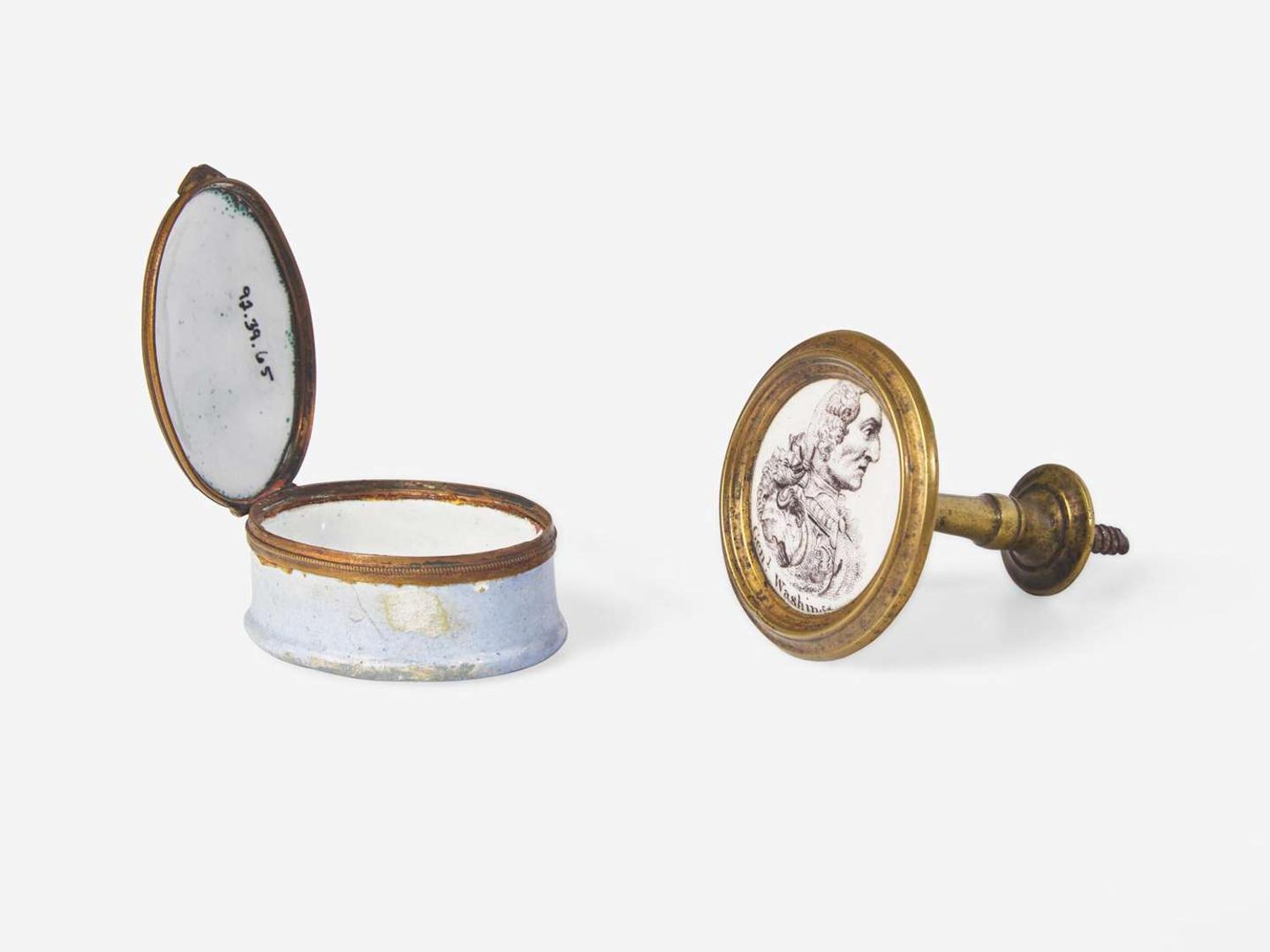 Three "Gen'l Washington" enameled porcelain and brass cloak pins or mirror supports, England, late 18th century