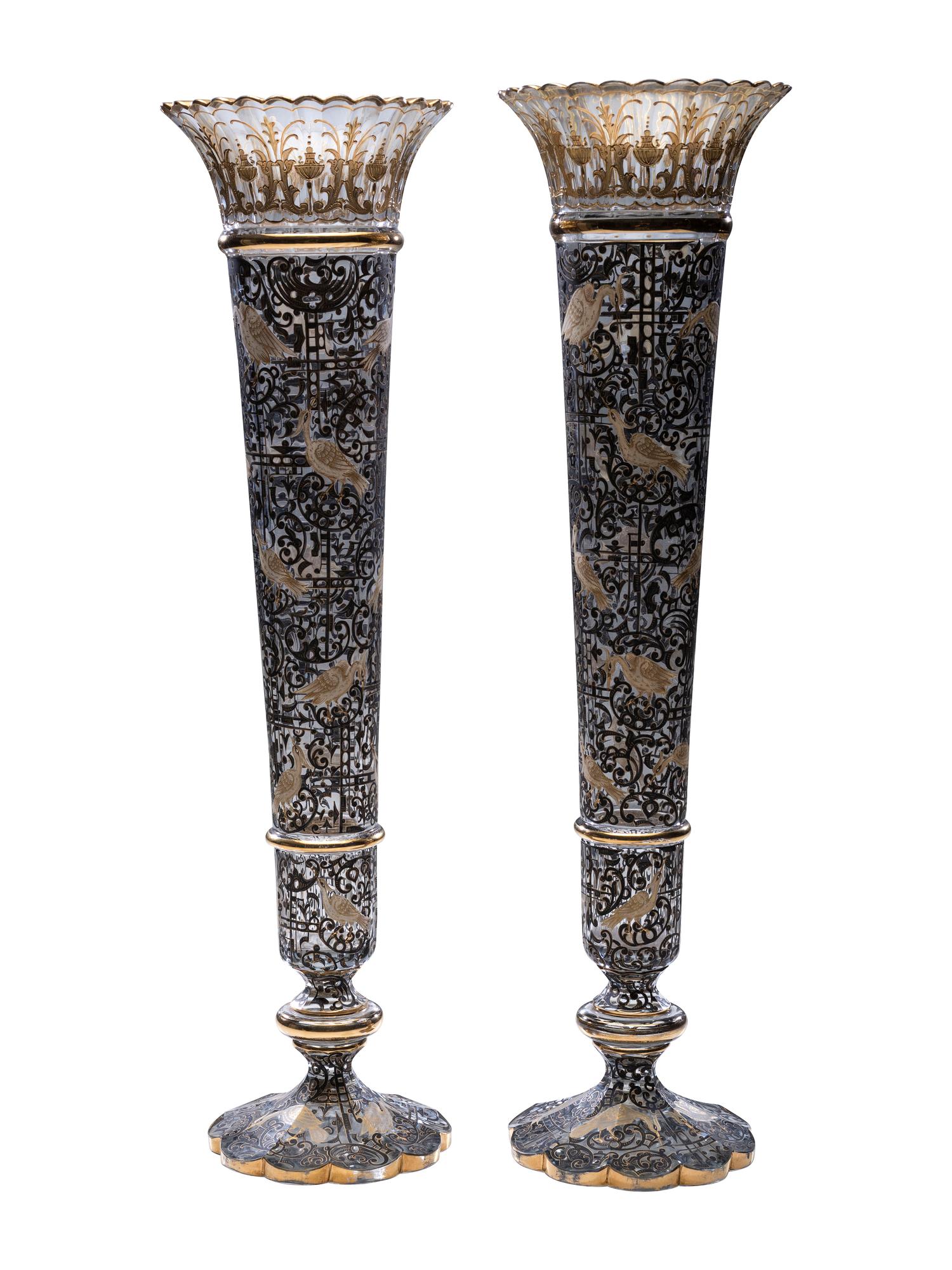 A Pair of Gilt and Paint Decorated Glass Trumpet Vases