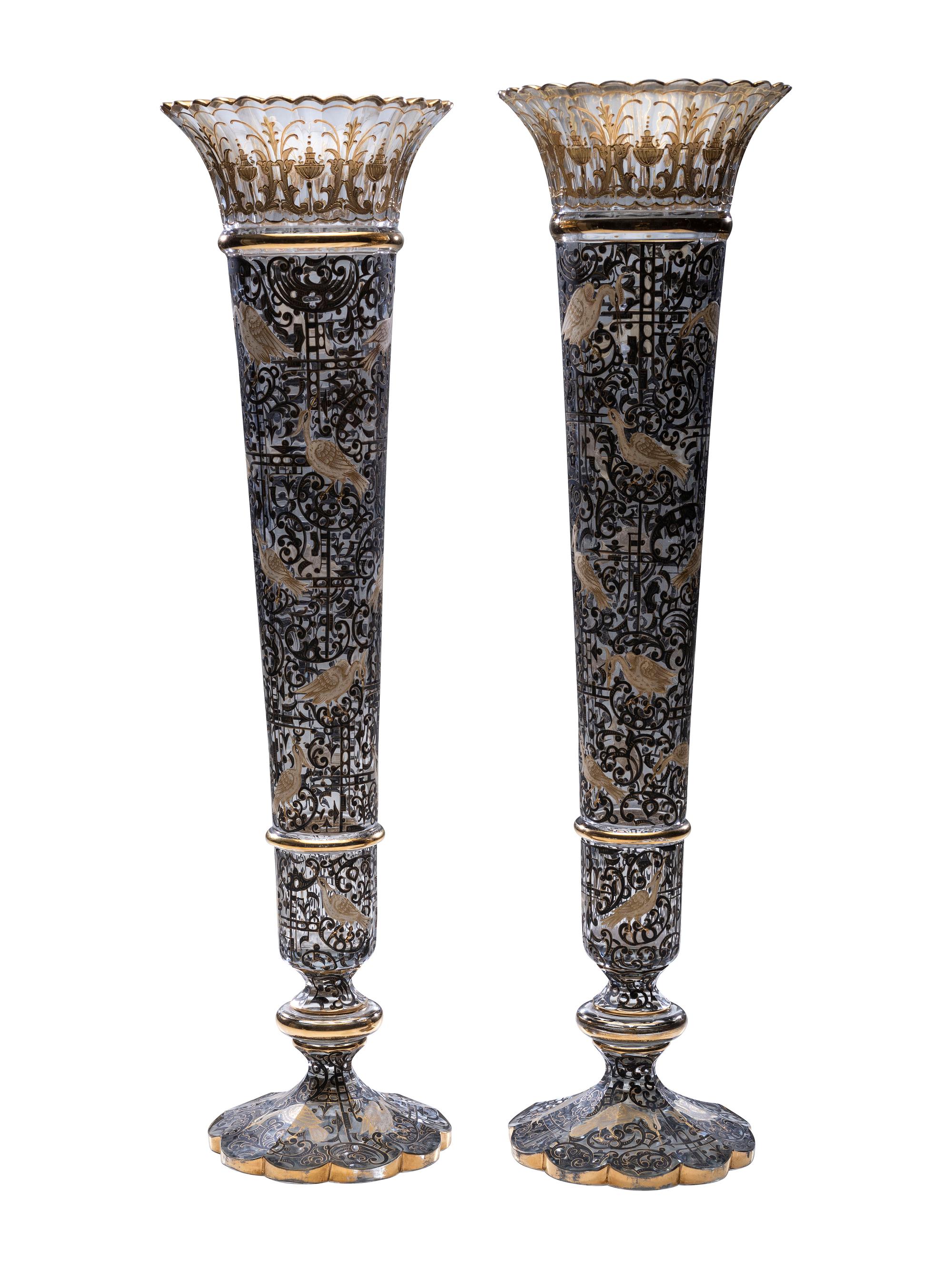 A Pair of Gilt and Paint Decorated Glass Trumpet Vases