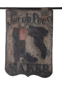 A Painted Metal Jacob Pees Shoe Maker Double-Sided Sign