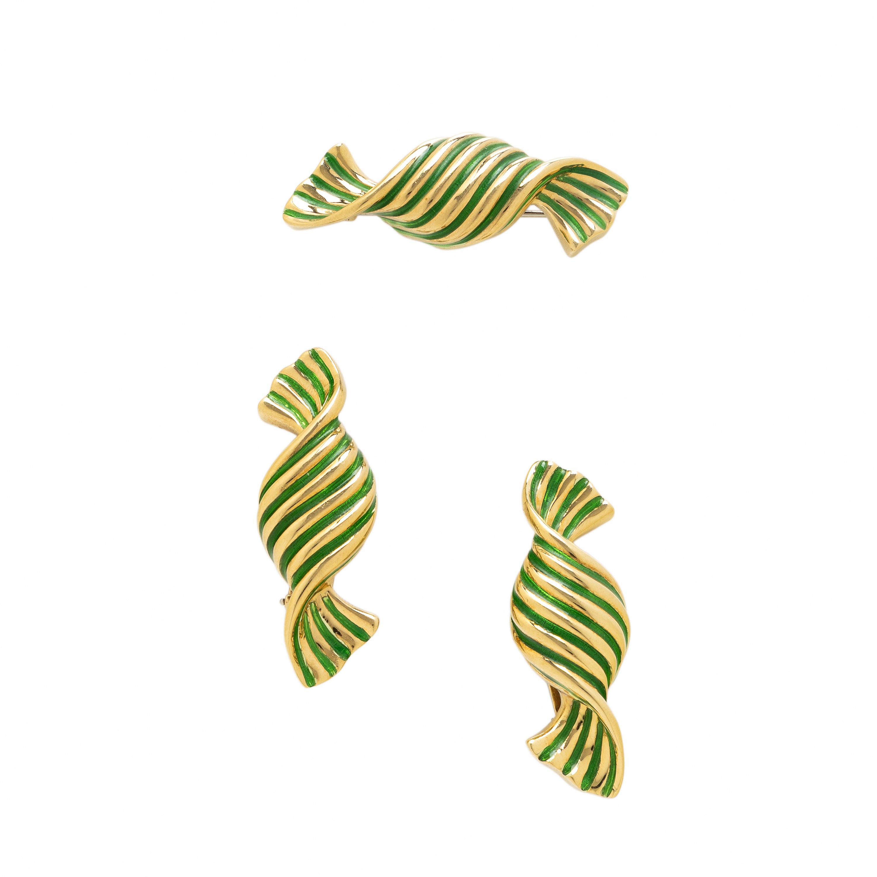 Judith Leiber, Yellow Gold and Enamel Candy Earrings and Brooch