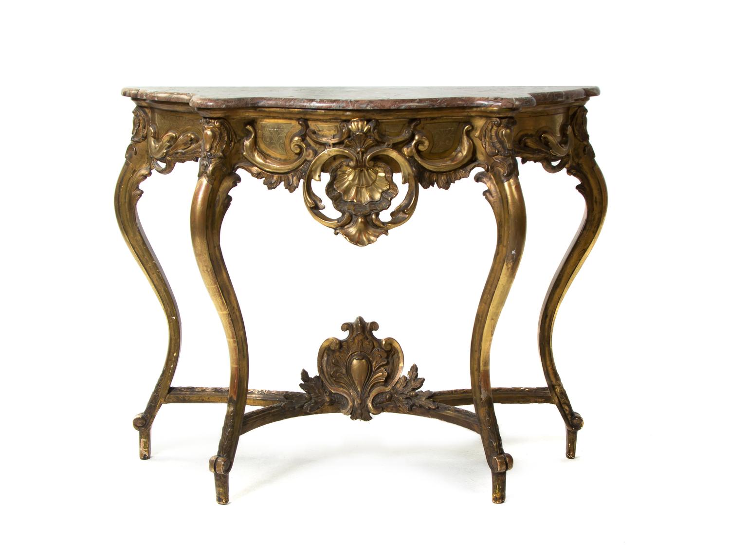 A Louis XV Style Giltwood Console Table, Height 35 1/2 x width 43 x depth 15 1/2 inches.