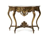 A Louis XV Style Giltwood Console Table, Height 35 1/2 x width 43 x depth 15 1/2 inches.