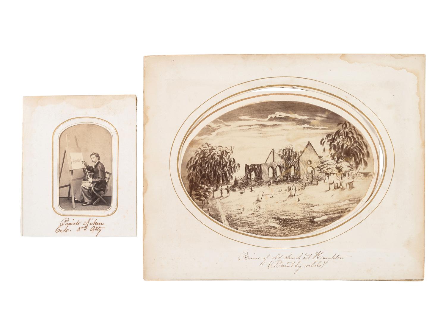 [CIVIL WAR]. Albumen photographs of soldier-artist William Aitken at work, and of the artwork he created.
