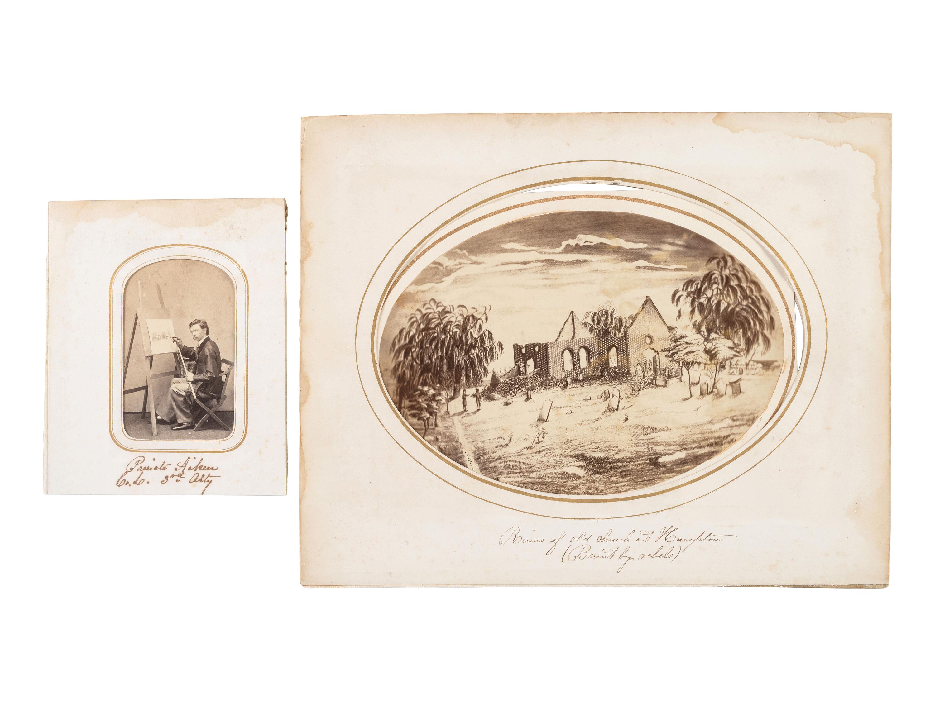 [CIVIL WAR]. Albumen photographs of soldier-artist William Aitken at work, and of the artwork he created.